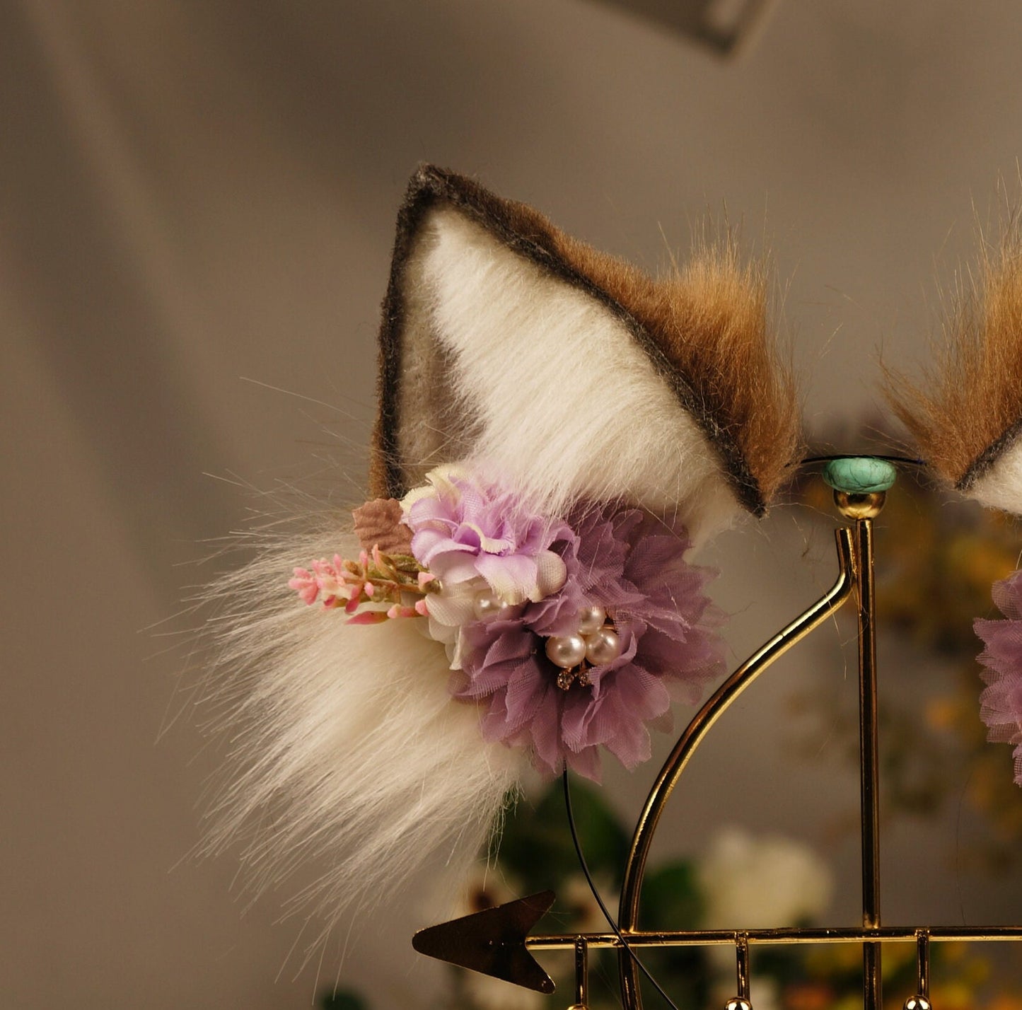 Classic khaki Cat Ears Handmade Faux Fur Kitten Cosplay Anime Neko Ears Headband Textile Cat ear, Khaki cat ears tail, fox ear, petplay,