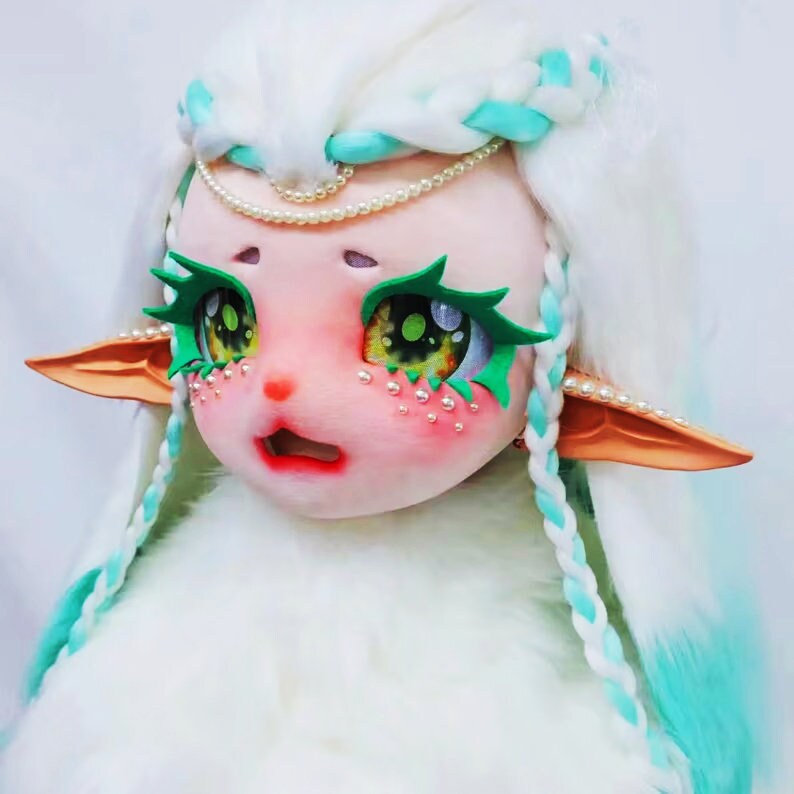 White elf kigurumi head white and light/watery green hair fursuit head kig fursuit furry art cosplay kiger mask