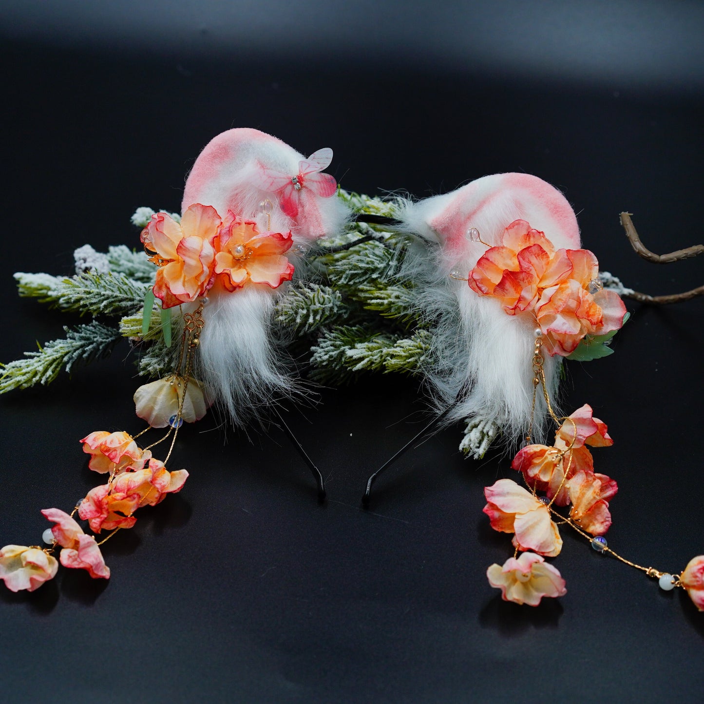 Kawaii Goth light pink Neko Ears Headband,Kawaii Goth Neko Tail, pet play, Flower cat ears, bear ears,