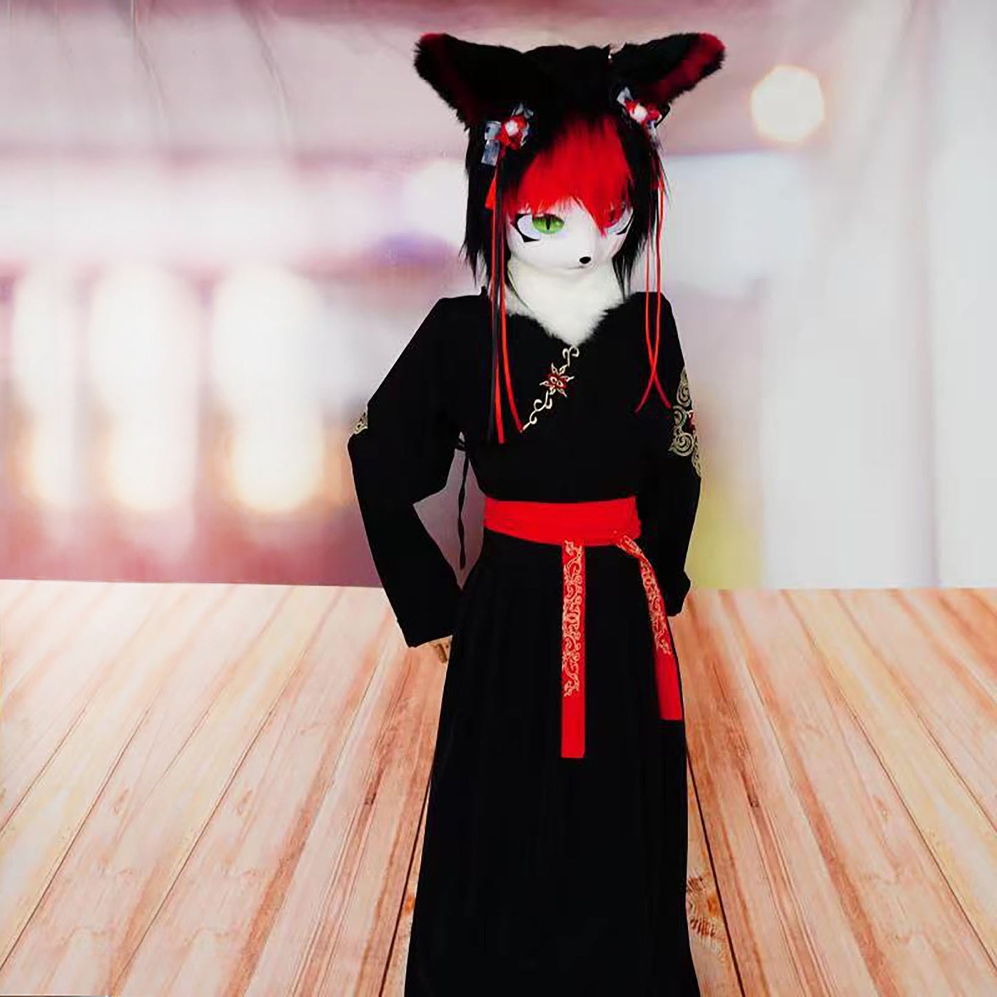 Fursuit Head With Black And Red Hair ,Cute Cospaly Furry Furrysuit Mask ,Cosplay Costume Mask,Kig Kemono Mask,Relic the Halloween Head,