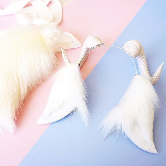 Shofar and ears, white sheep ears, faux fur ears, white lamb ears, lolita ears, cosplay ear, fluffy ears, fake ears cosplay, 184