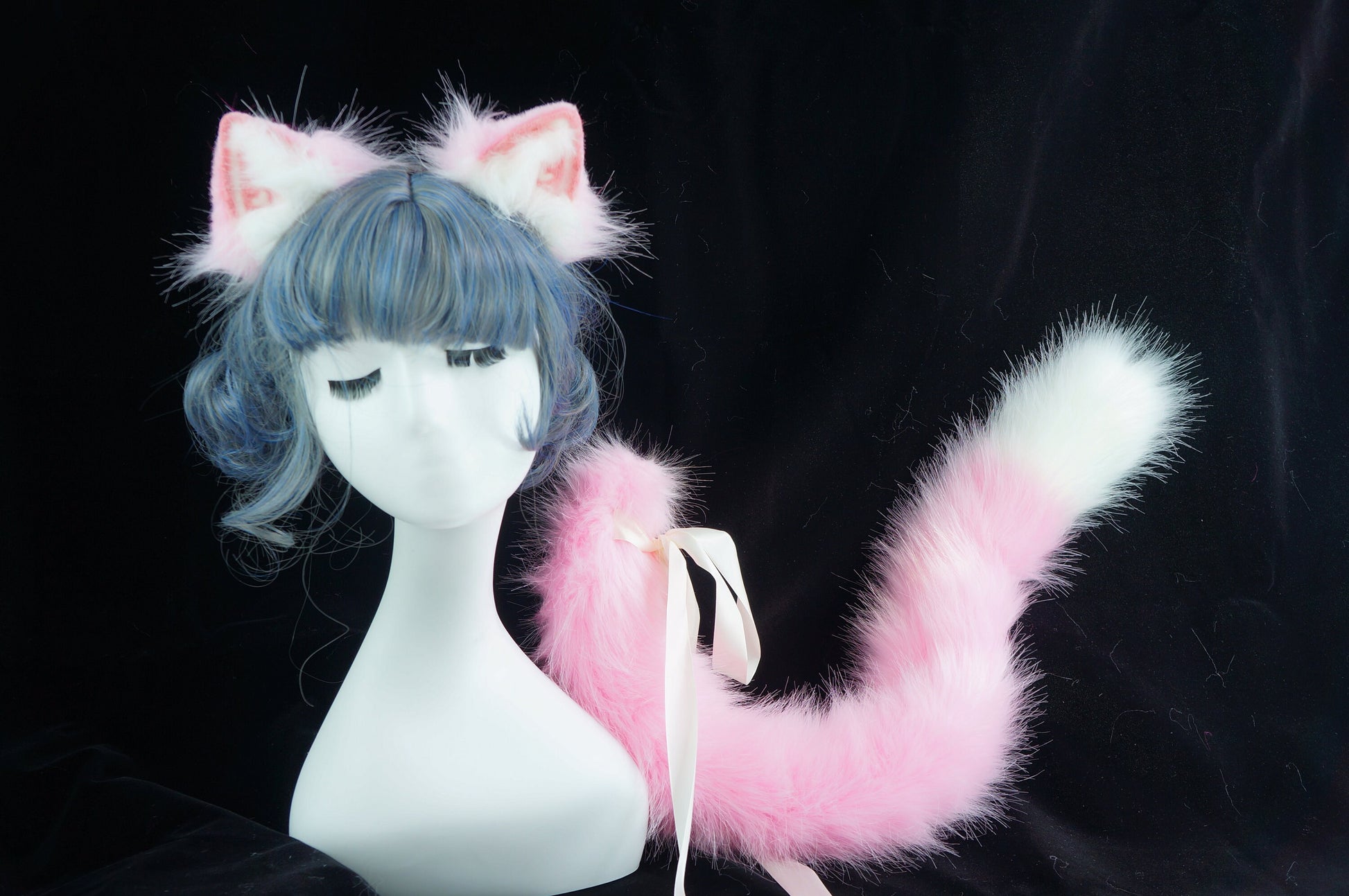 pink cat tail and ear set , fox ear, fluffy wolf tail, butt plug tail, fox ear, petplay, sextoy, cat tail, fox tail, 153