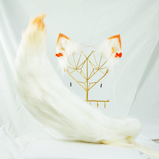 white and orange cat tail and ear set , fox ear, fluffy wolf tail, butt plug tail, fox ear, petplay, sextoy, cat tail, fox tail, 153