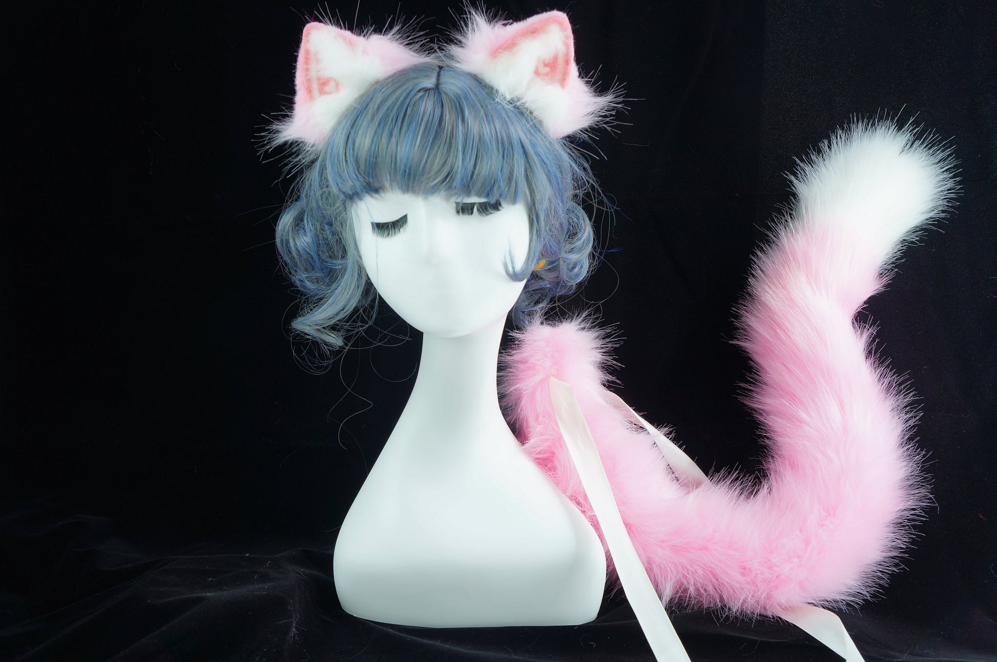 pink cat tail and ear set , fox ear, fluffy wolf tail, butt plug tail, fox ear, petplay, sextoy, cat tail, fox tail, 153