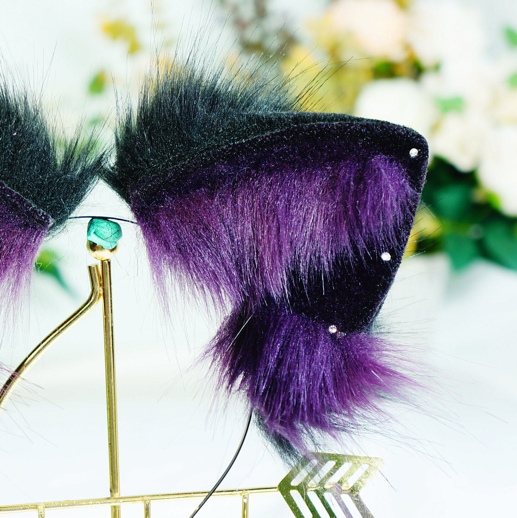 purple kitten ears, cat ears headband, purple fox ears, fluffy ears with diamond, Cat Ears Cosplay, animal ears, costume ears