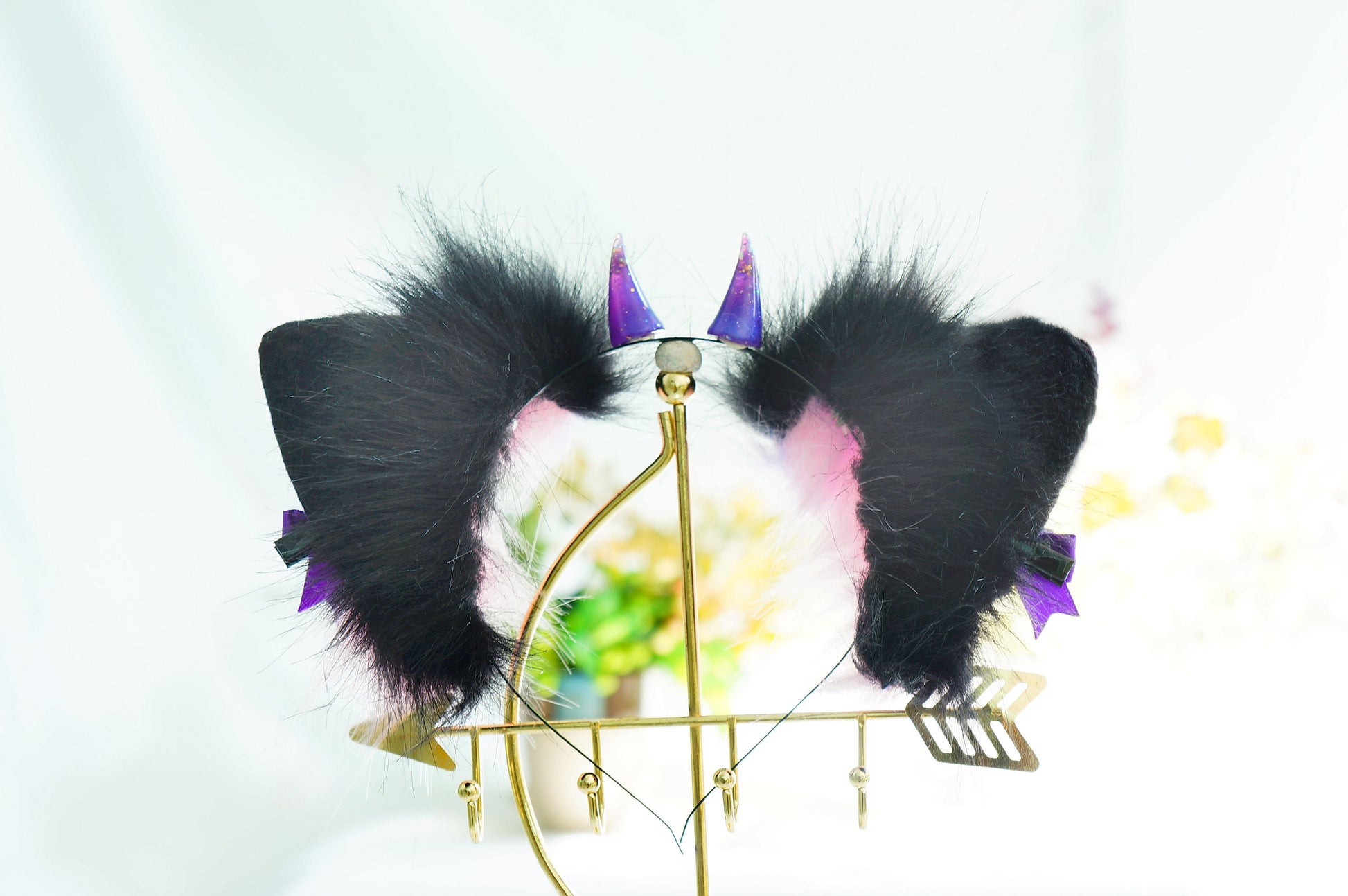 purple kitten ears, cat ears headband, purple fox ears, fluffy ears with diamond, Cat Ears Cosplay, animal ears, costume ears