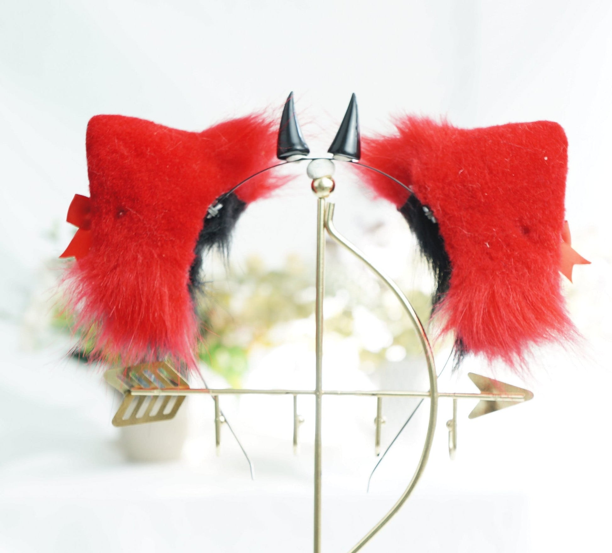 Red and black kitten ears, cat ears headband, red fox ears, fluffy ears with diamond, Cat Ears Cosplay, animal ears, costume ears