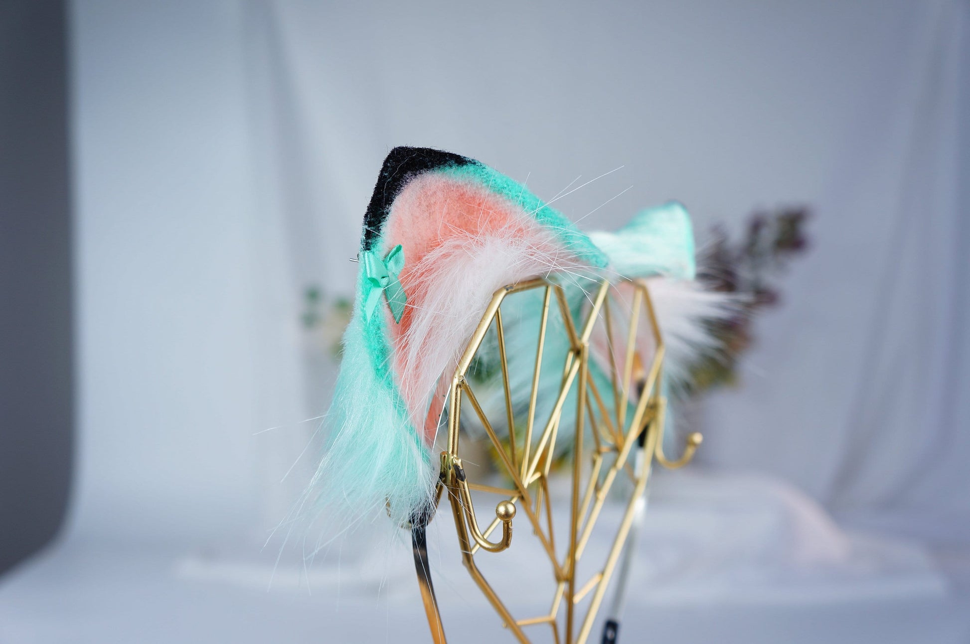 Jasper Green Gat Ear Bows Cat ears Kawaii green and pink cat ears with bows cosplay faux fur neko ears