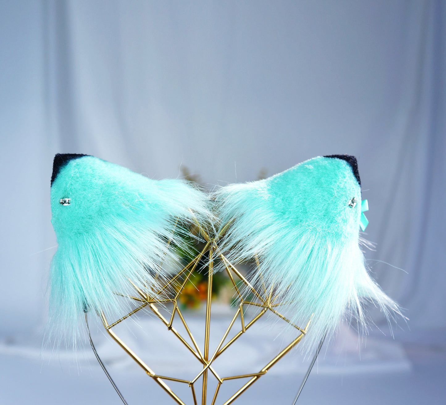 Jasper Green Gat Ear Bows Cat ears Kawaii green and pink cat ears with bows cosplay faux fur neko ears