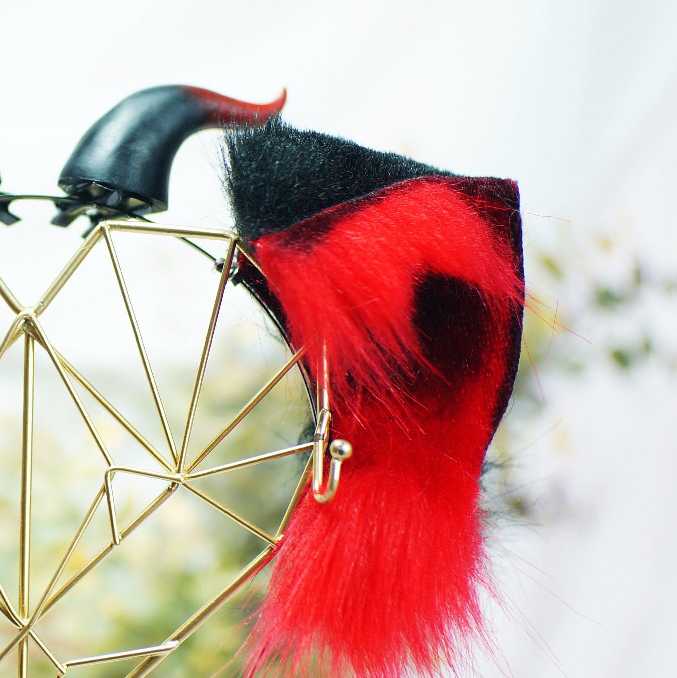 Red and Black Goth cat Ears with horns poseable cosplay ears faux fur Halloween costume ears devil ears devil horns KTcatvintage