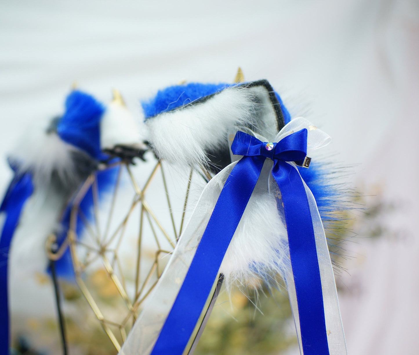 Blue and White cat Ears Faux fur cosplay faux fur animal ears fox wolf cat pet play ears headband dragon horn headband