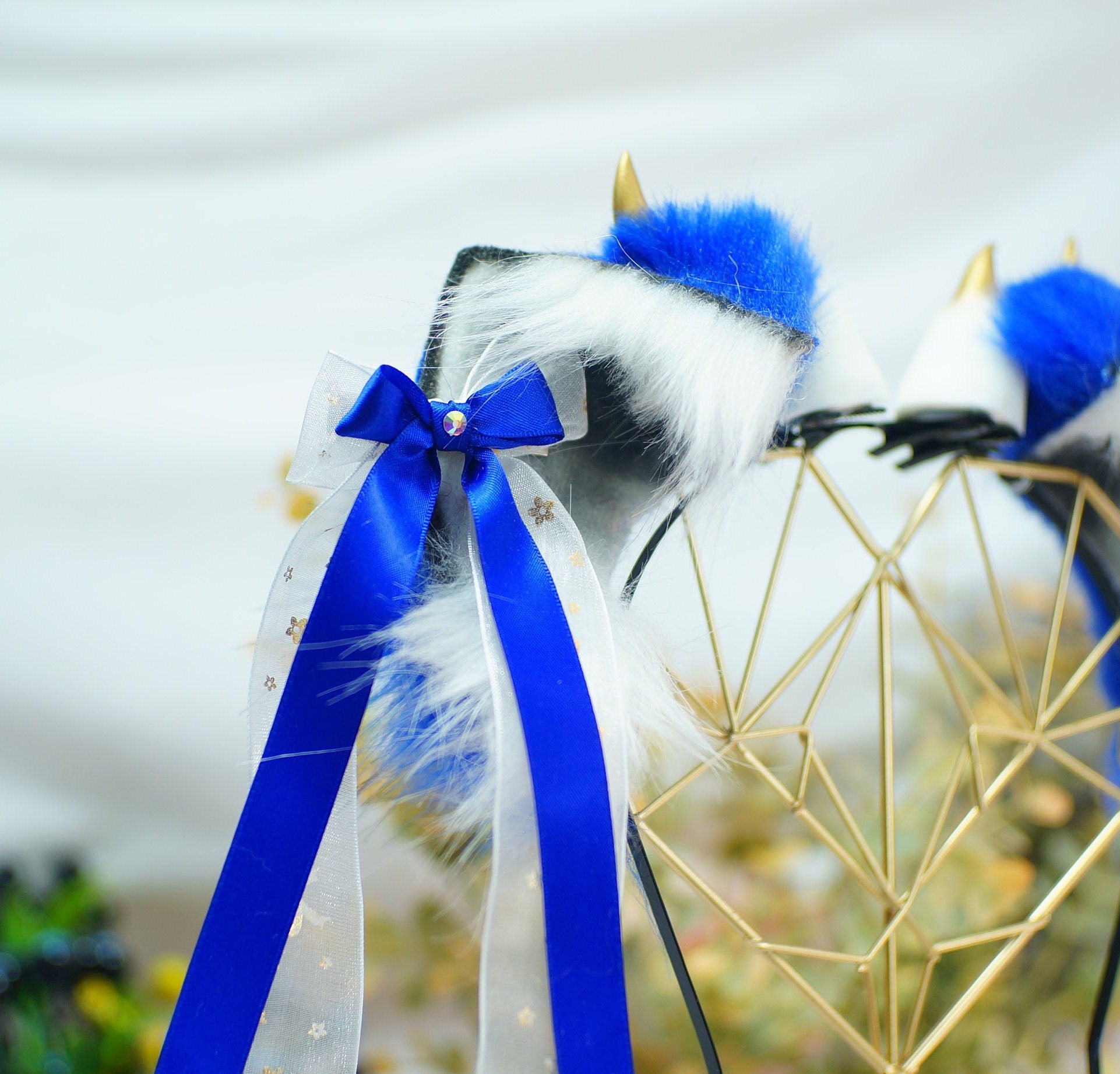 Blue and White cat Ears Faux fur cosplay faux fur animal ears fox wolf cat pet play ears headband dragon horn headband