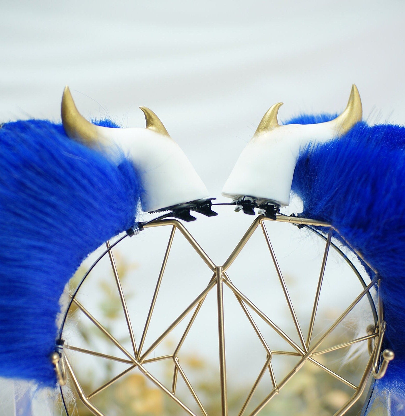 Blue and White cat Ears Faux fur cosplay faux fur animal ears fox wolf cat pet play ears headband dragon horn headband