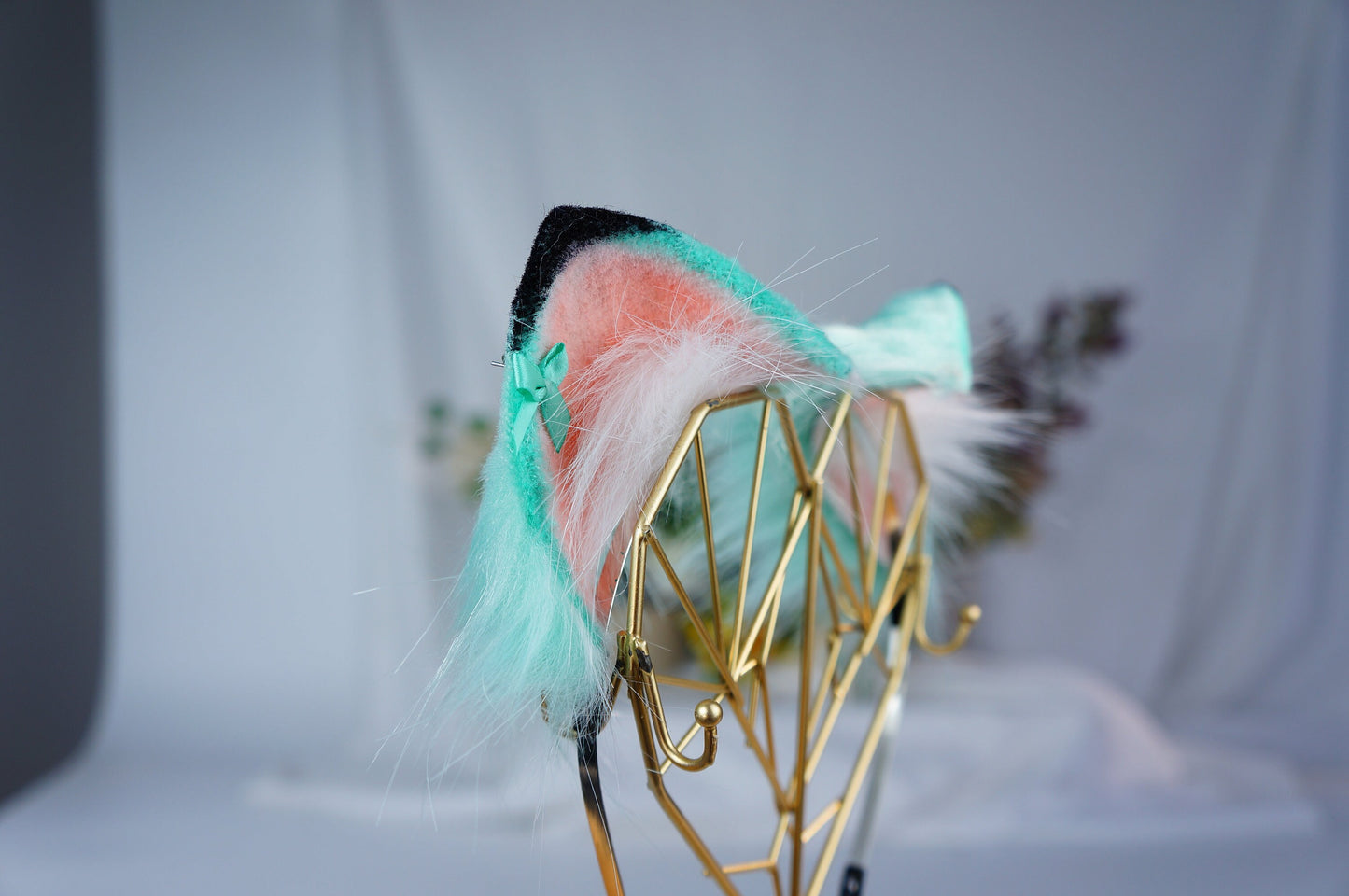 Jasper Green Gat Ear Bows Cat ears Kawaii green and pink cat ears with bows cosplay faux fur neko ears