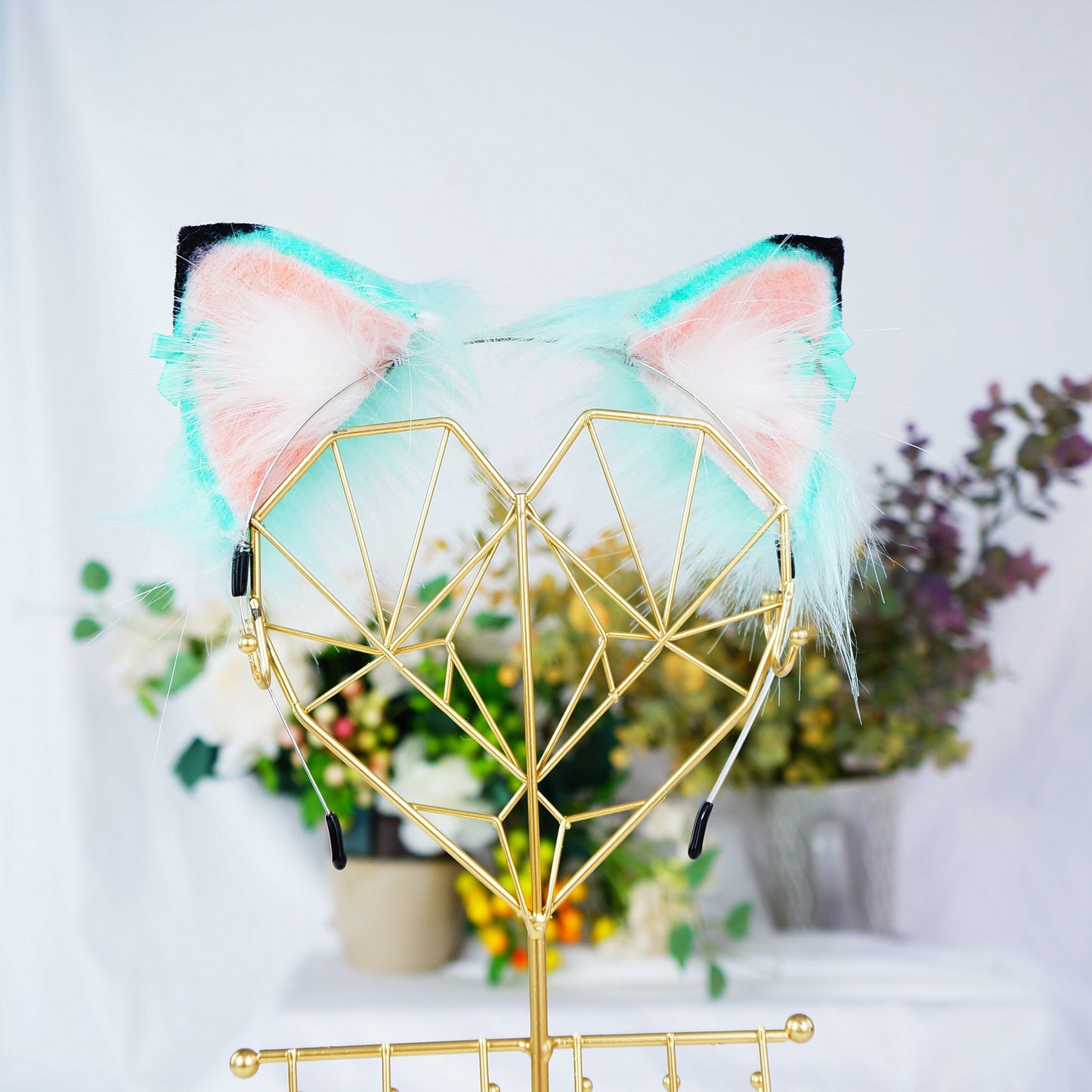 Jasper Green Gat Ear Bows Cat ears Kawaii green and pink cat ears with bows cosplay faux fur neko ears