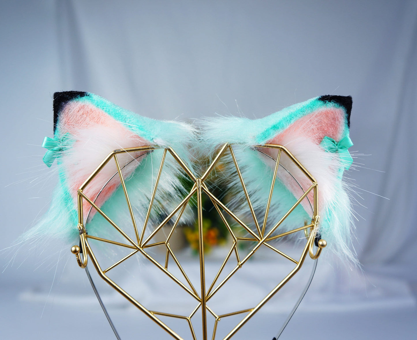 Jasper Green Gat Ear Bows Cat ears Kawaii green and pink cat ears with bows cosplay faux fur neko ears