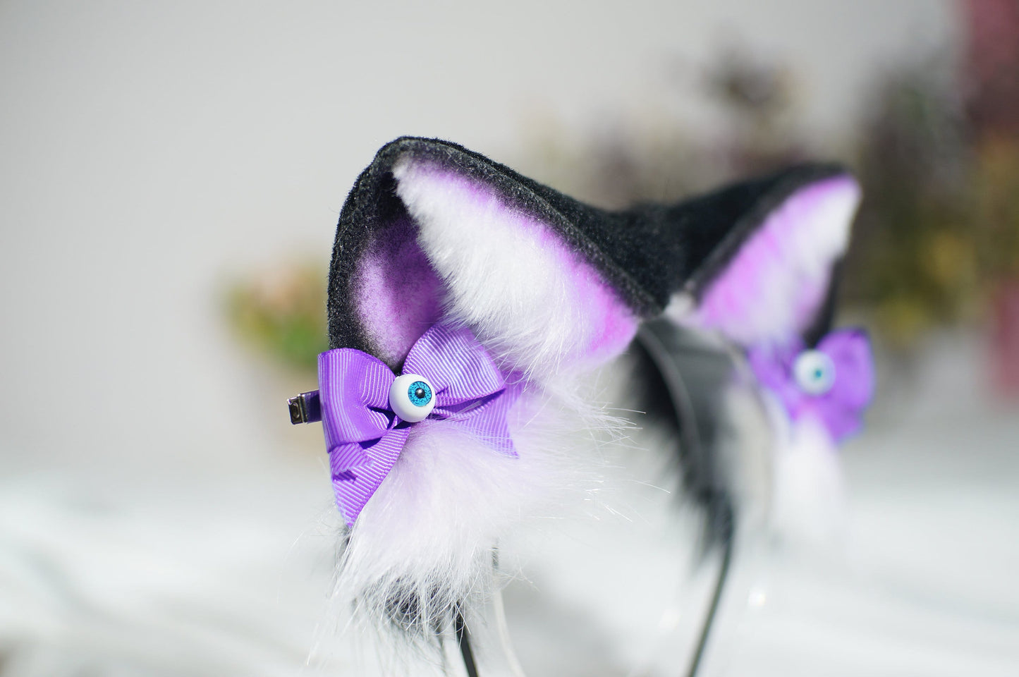 Black Purple Cat ears Devil's Eyes headband faux fur ear wolf ears and ear set anime cosplay petplay cat ear wolf ear purple black white