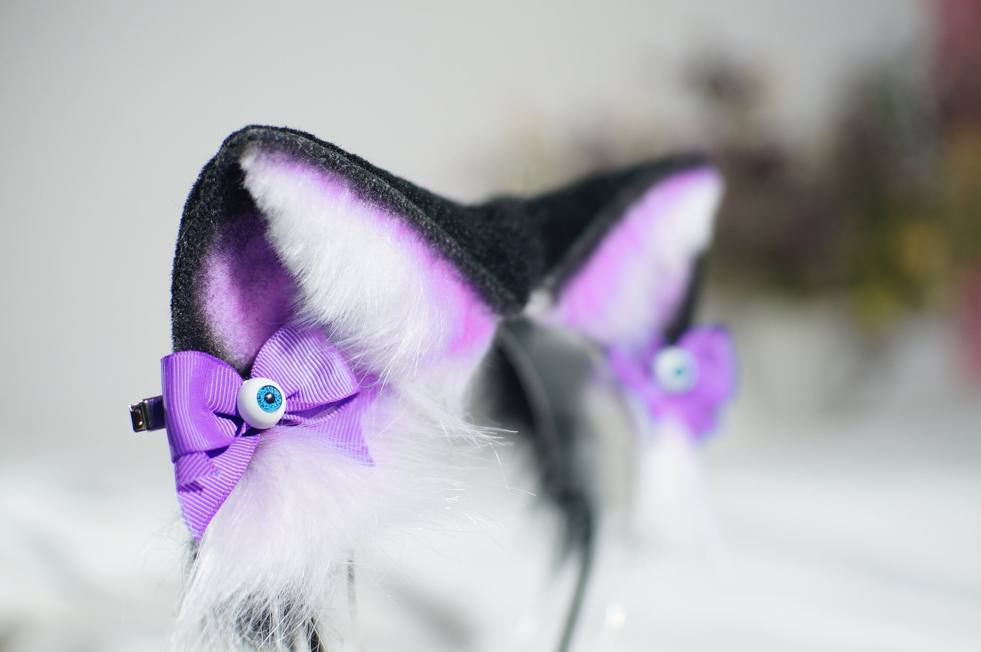 Black Purple Cat ears Devil's Eyes headband faux fur ear wolf ears and ear set anime cosplay petplay cat ear wolf ear purple black white