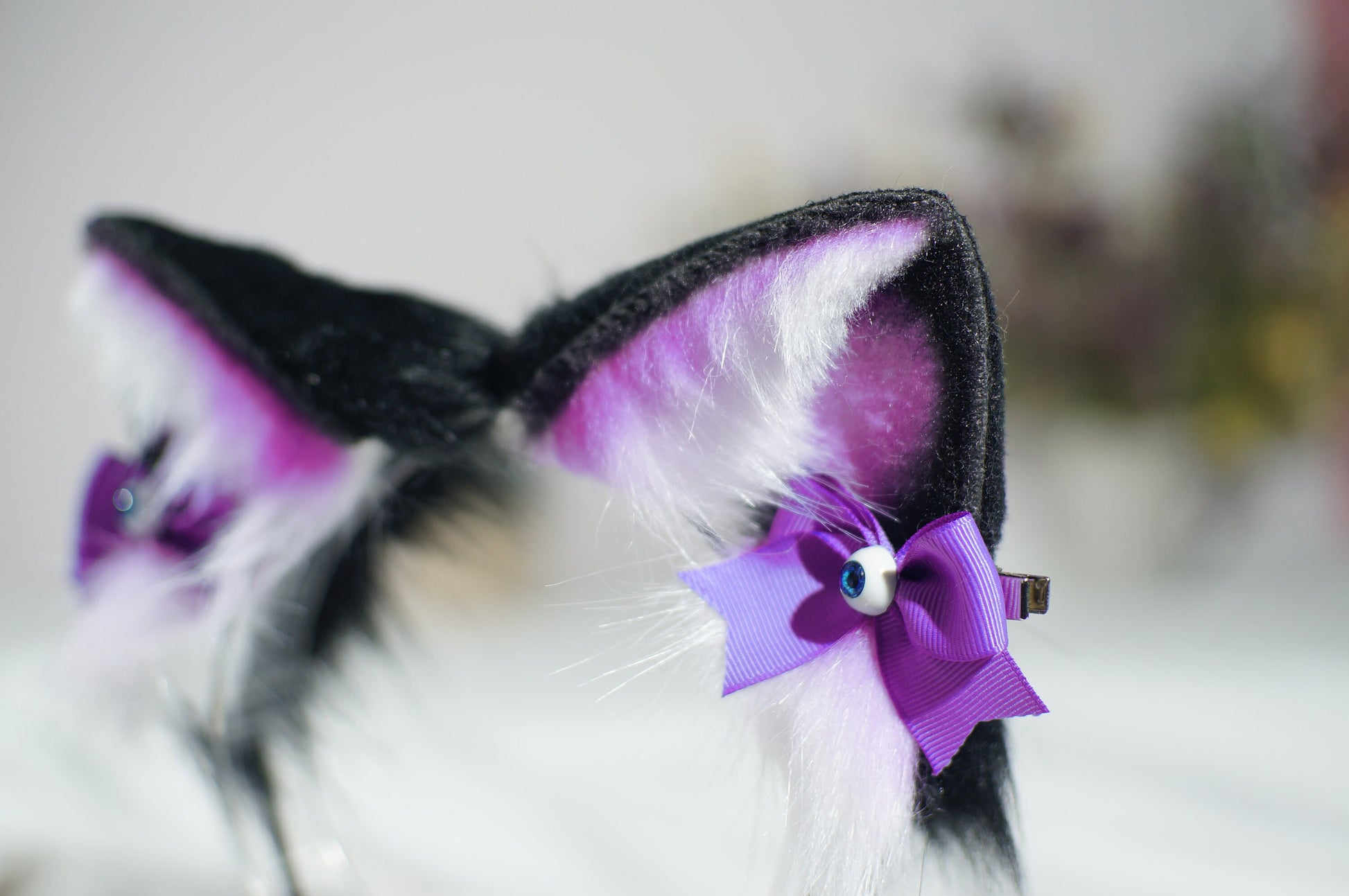 Black Purple Cat ears Devil's Eyes headband faux fur ear wolf ears and ear set anime cosplay petplay cat ear wolf ear purple black white