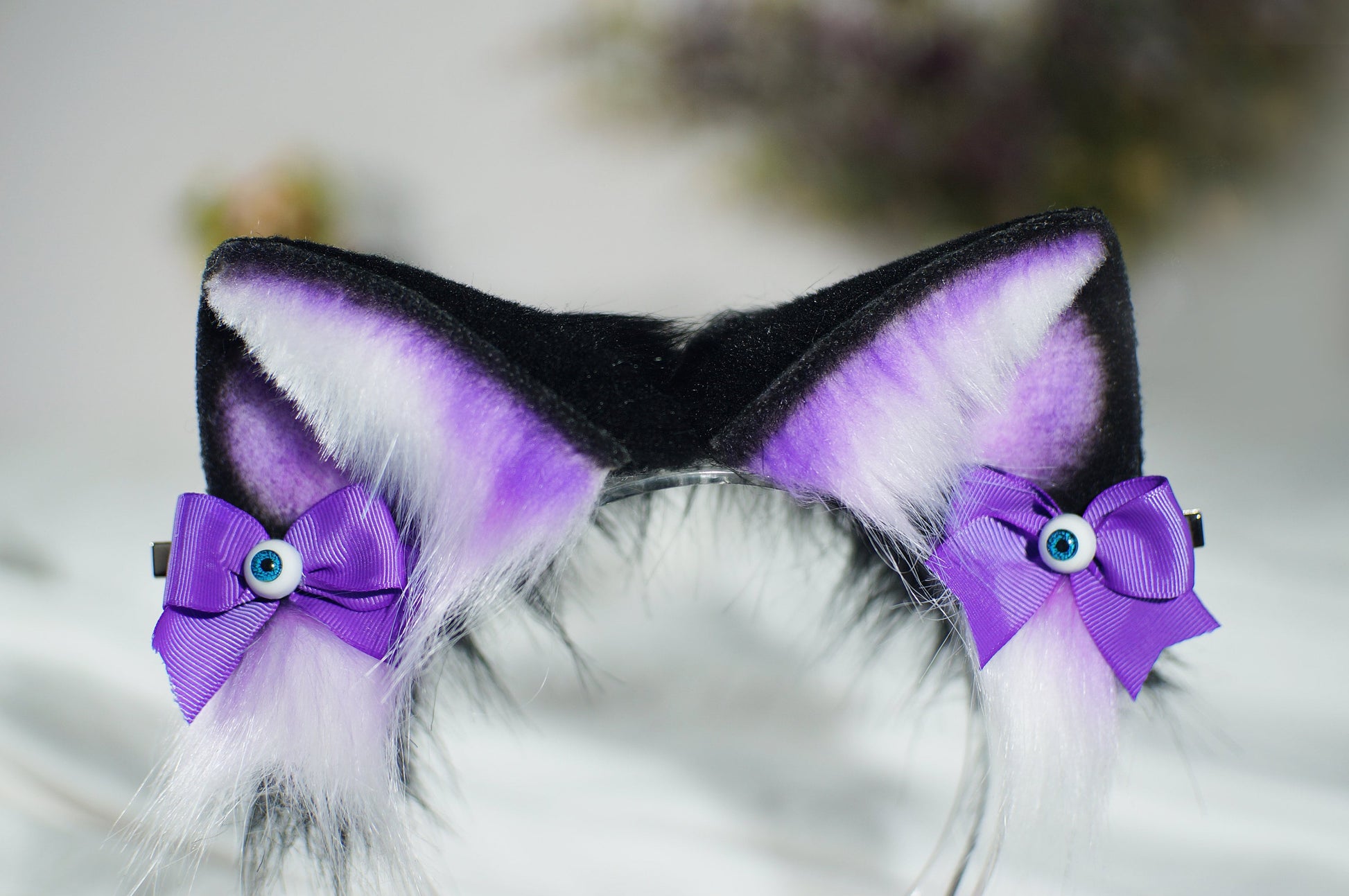 Black Purple Cat ears Devil's Eyes headband faux fur ear wolf ears and ear set anime cosplay petplay cat ear wolf ear purple black white