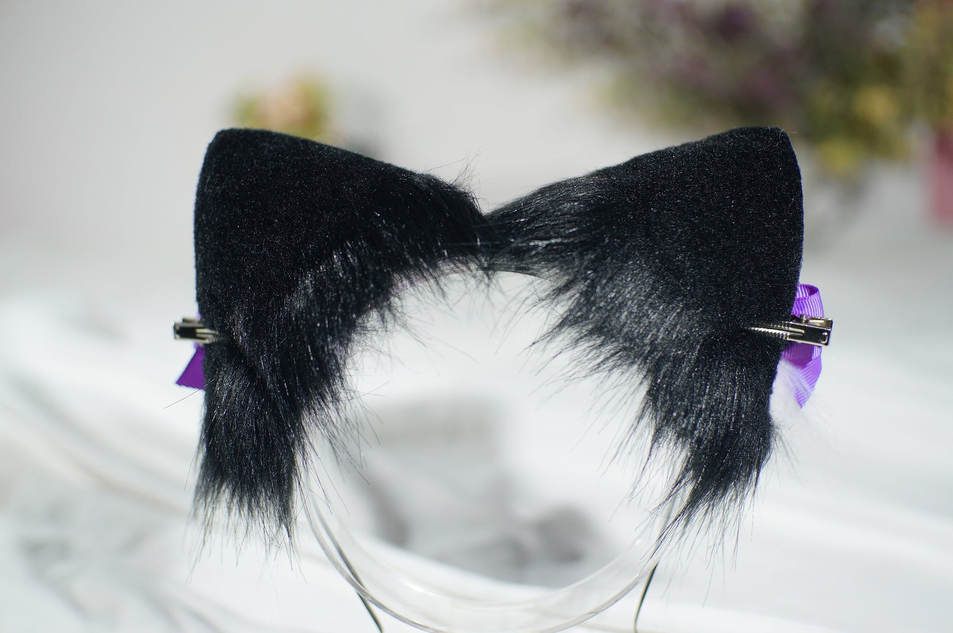 Black Purple Cat ears Devil's Eyes headband faux fur ear wolf ears and ear set anime cosplay petplay cat ear wolf ear purple black white