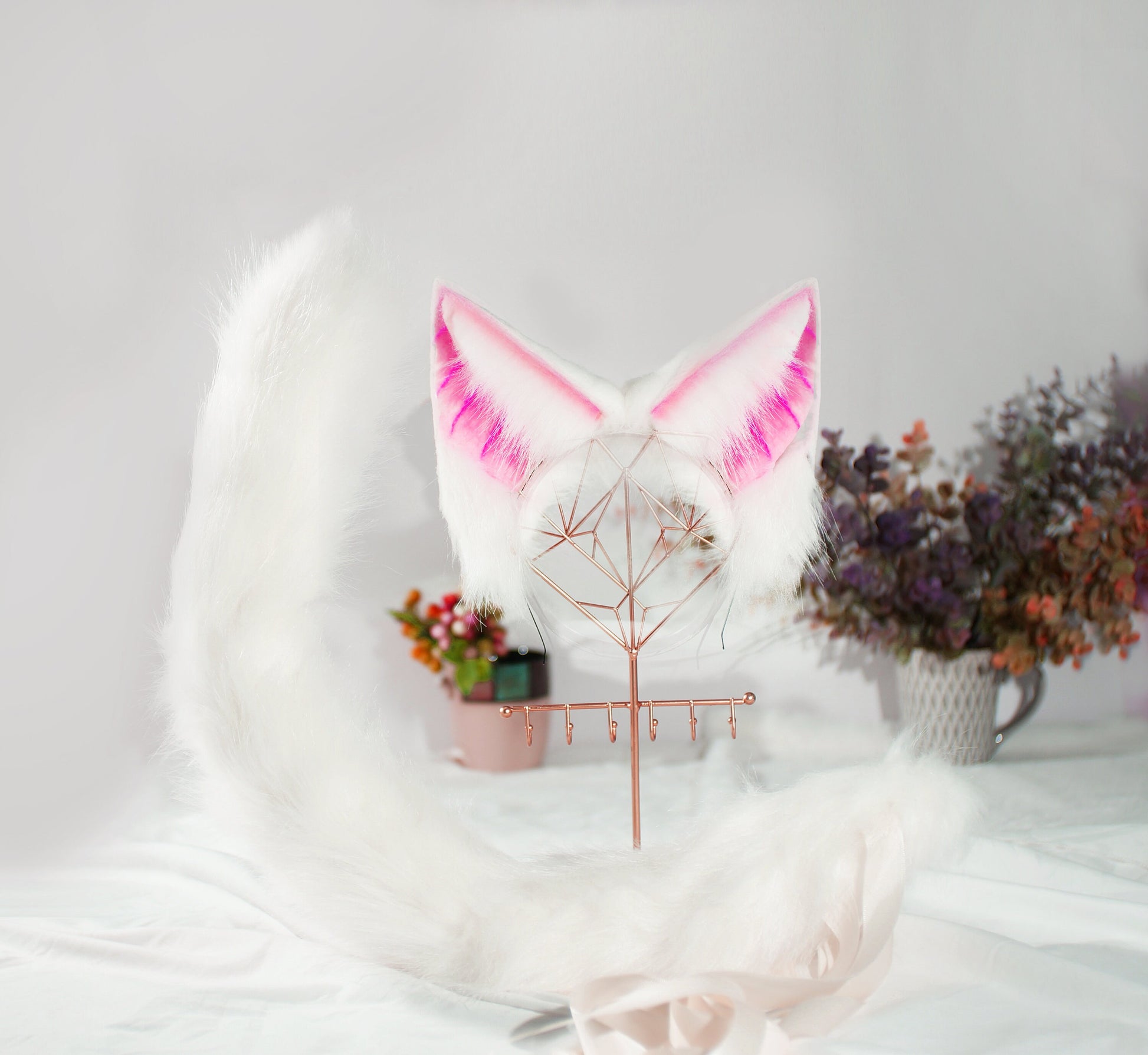 white pink tail and ear set Cat ear and tail set cat tail animal cosplay petplay faux fur puppy tail plug mature kitsune ears