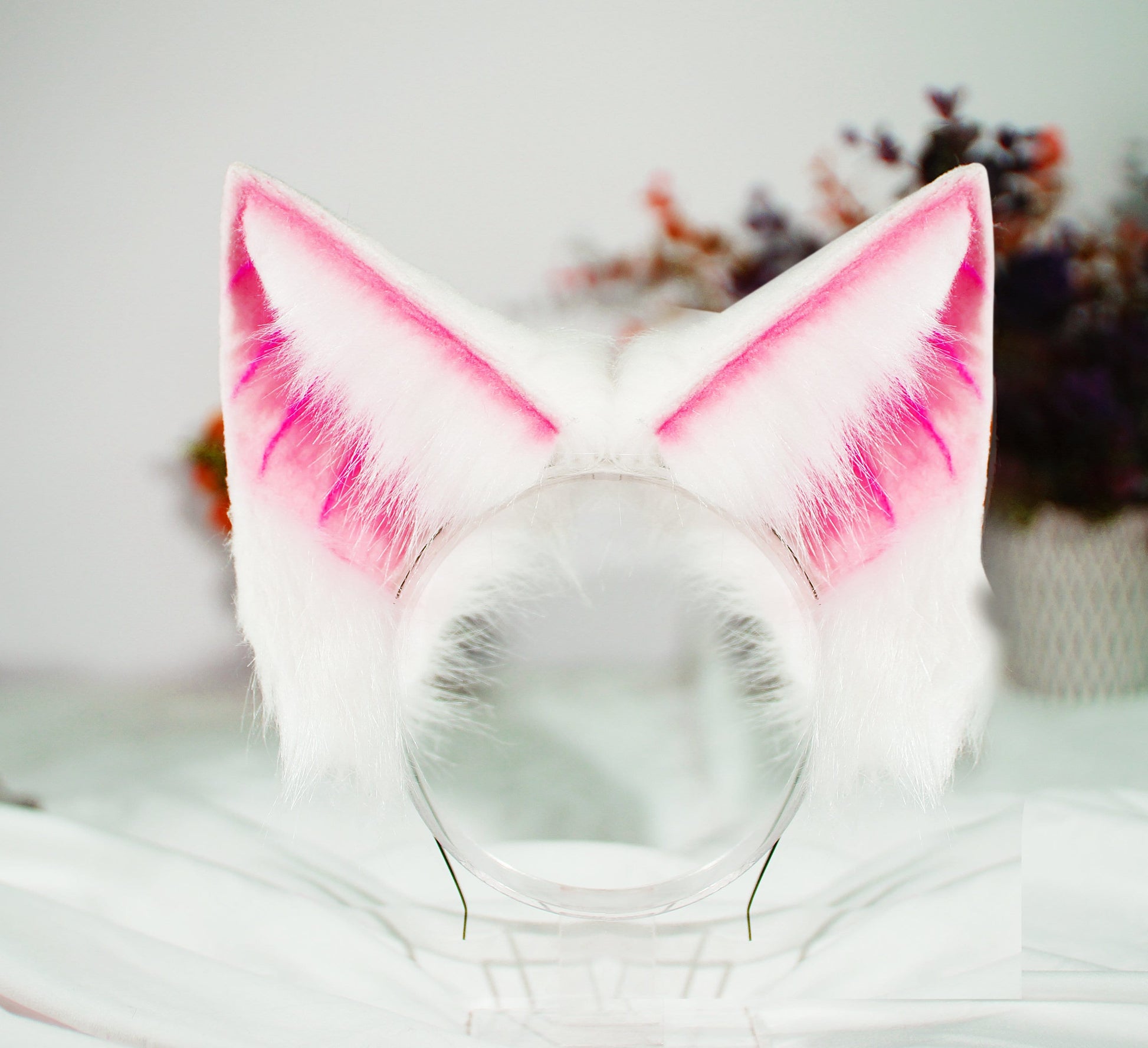 white pink tail and ear set Cat ear and tail set cat tail animal cosplay petplay faux fur puppy tail plug mature kitsune ears