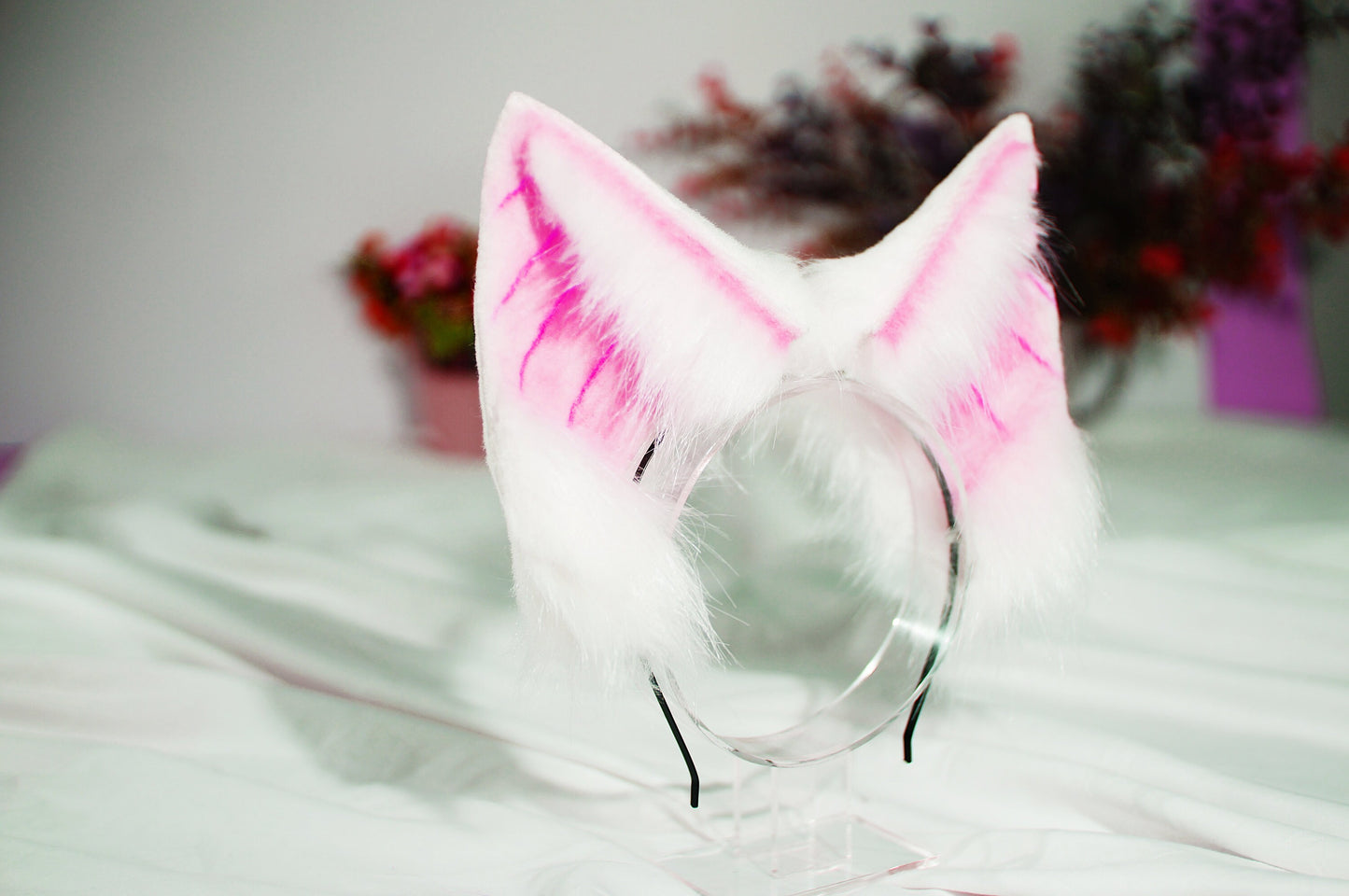 white pink tail and ear set Cat ear and tail set cat tail animal cosplay petplay faux fur puppy tail plug mature kitsune ears