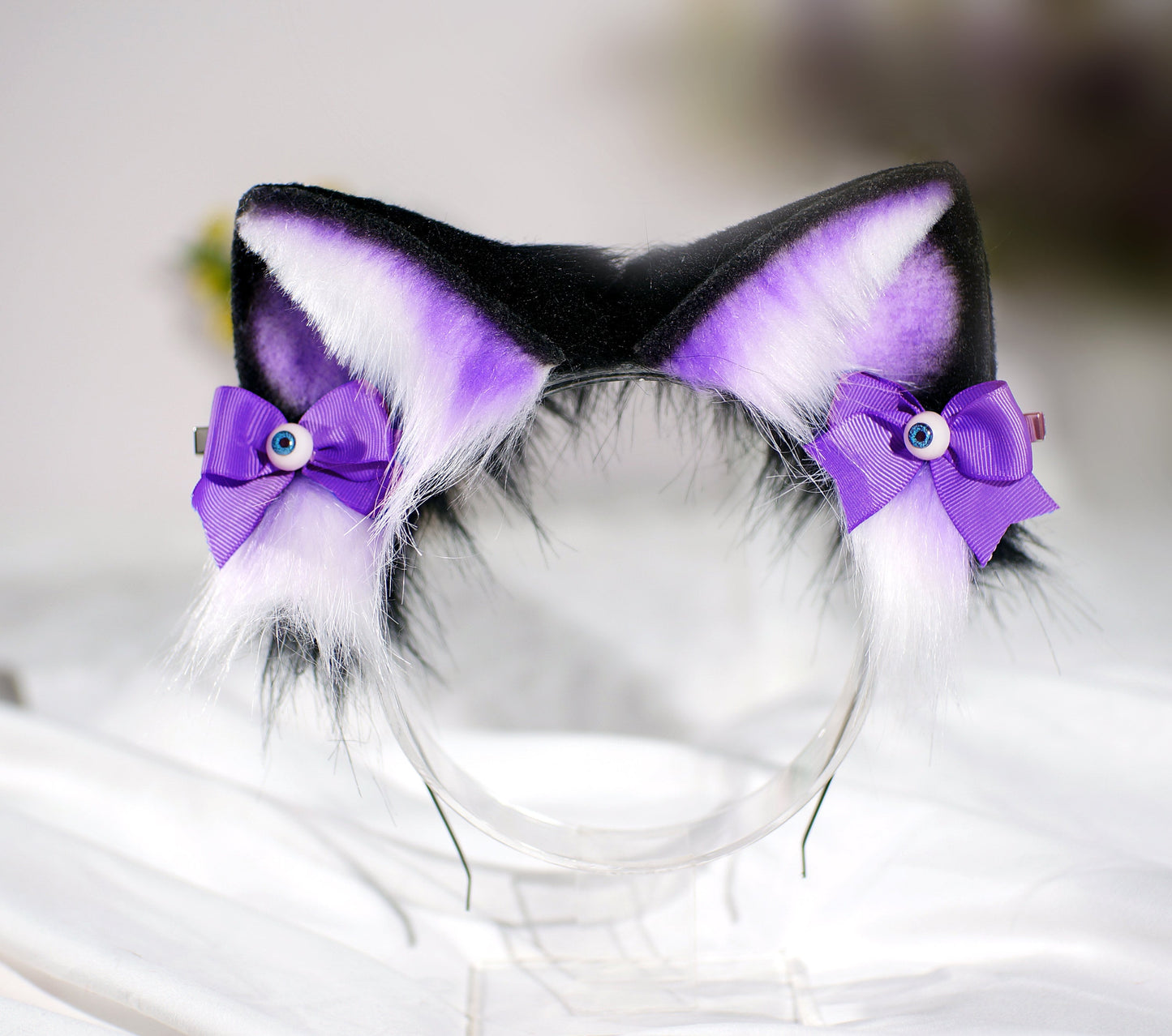 Black Purple Cat ears Devil's Eyes headband faux fur ear wolf ears and ear set anime cosplay petplay cat ear wolf ear purple black white