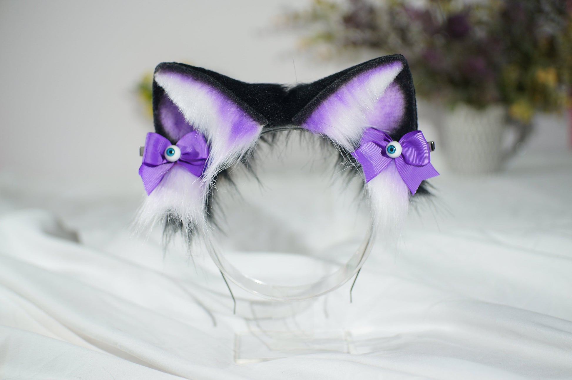 Black Purple Cat ears Devil's Eyes headband faux fur ear wolf ears and ear set anime cosplay petplay cat ear wolf ear purple black white