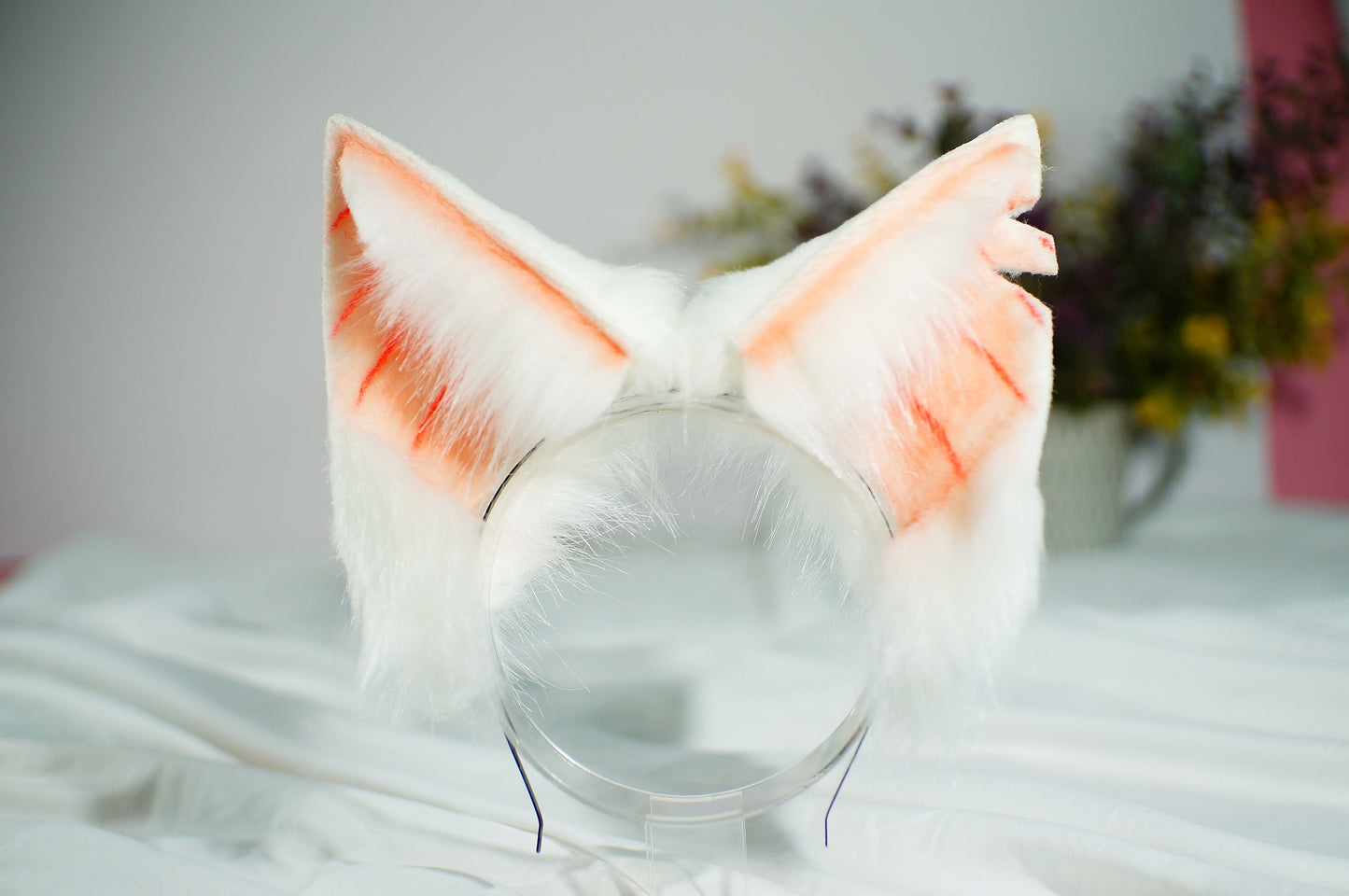 white pink tail and ear set Cat ear and tail set cat tail animal cosplay petplay faux fur puppy tail plug mature kitsune ears