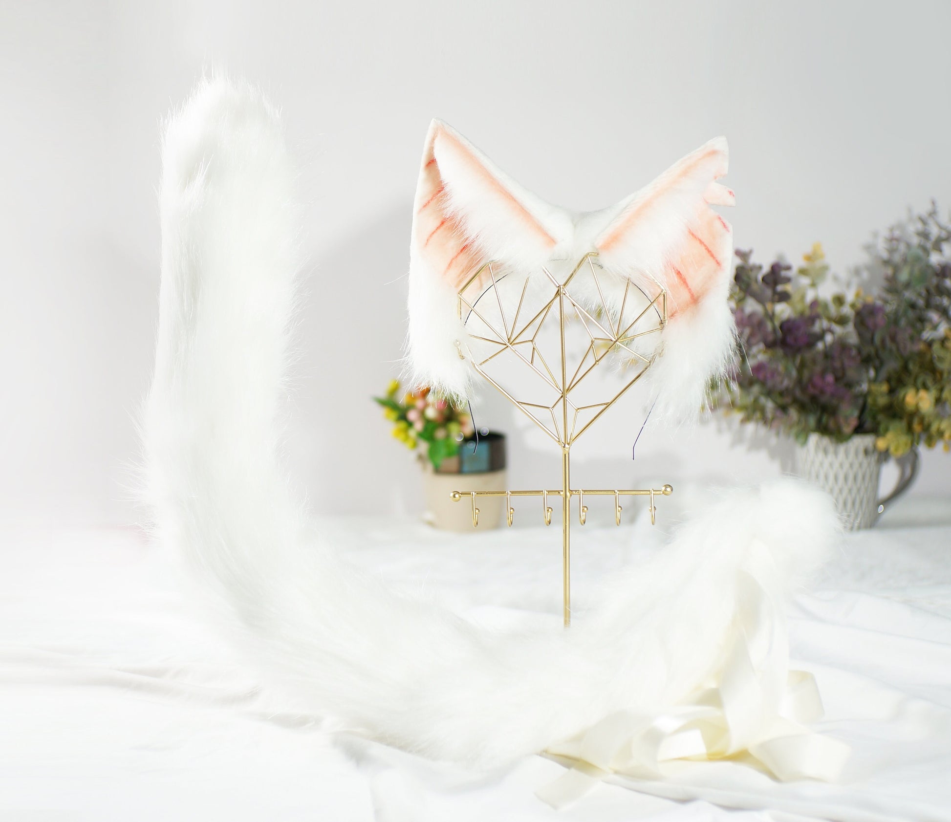 white pink tail and ear set Cat ear and tail set cat tail animal cosplay petplay faux fur puppy tail plug mature kitsune ears