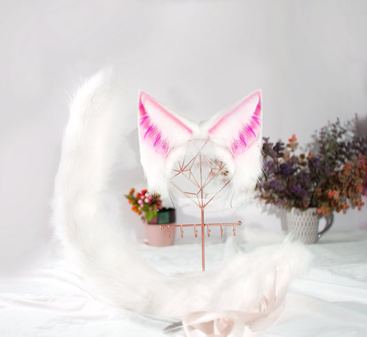 white pink tail and ear set Cat ear and tail set cat tail animal cosplay petplay faux fur puppy tail plug mature kitsune ears