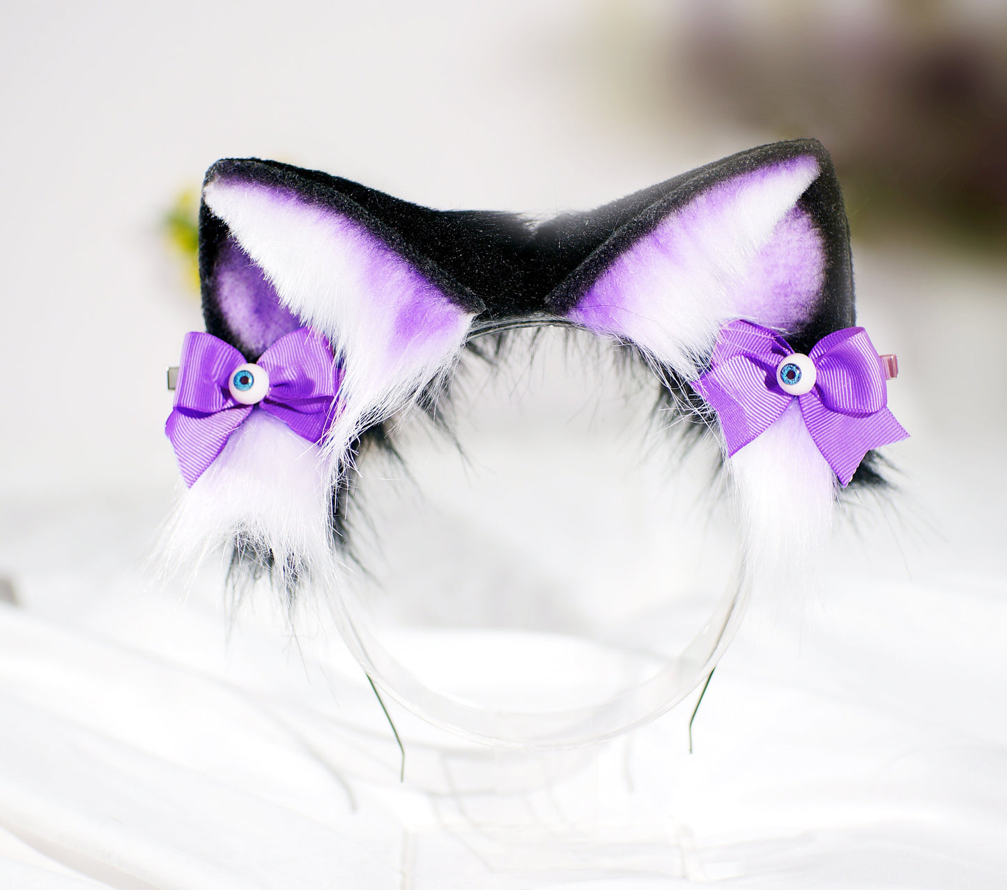 Black Purple Cat ears Devil's Eyes headband faux fur ear wolf ears and ear set anime cosplay petplay cat ear wolf ear purple black white