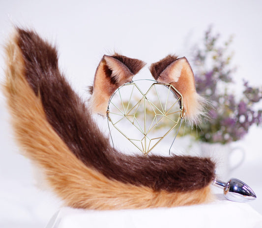 Coffee Cat ears and tail, brown tail, ears and tail plug, brown cat ear, butt plug, cosplay tail and ears, animal ears, tail mature