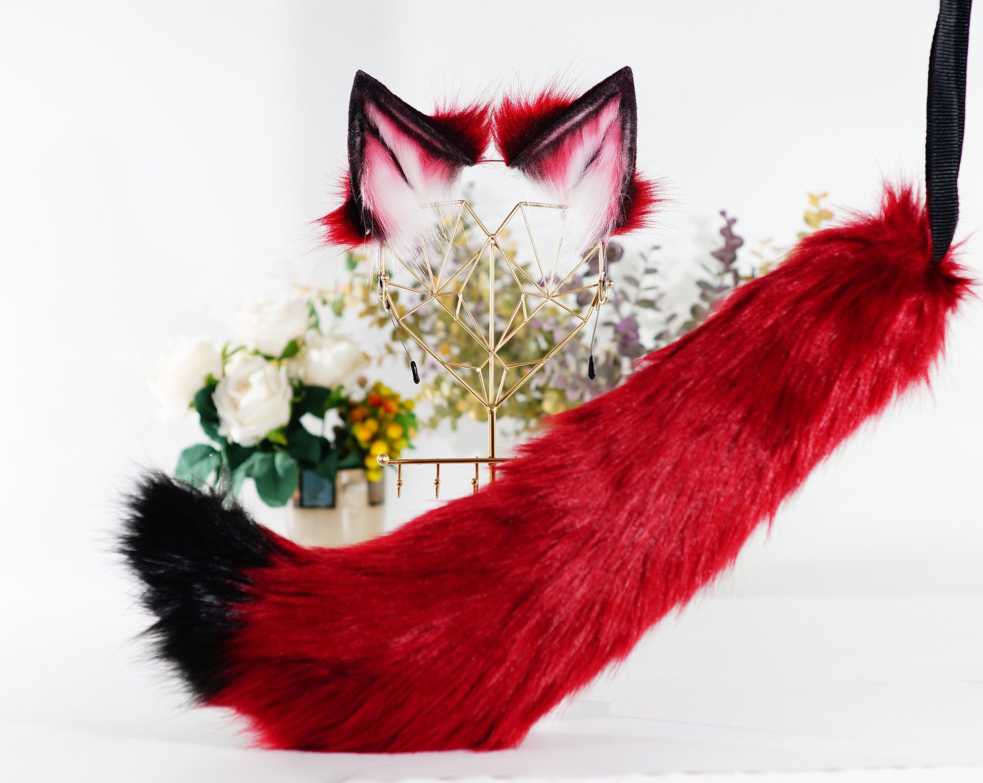 Brugundy Wolf Ears Headband and tail, Ears headband, furry ears , wolf tail, cosplay ears, Cat Ears, Wolf Ears, Fox Ears, Furry Cat Ears