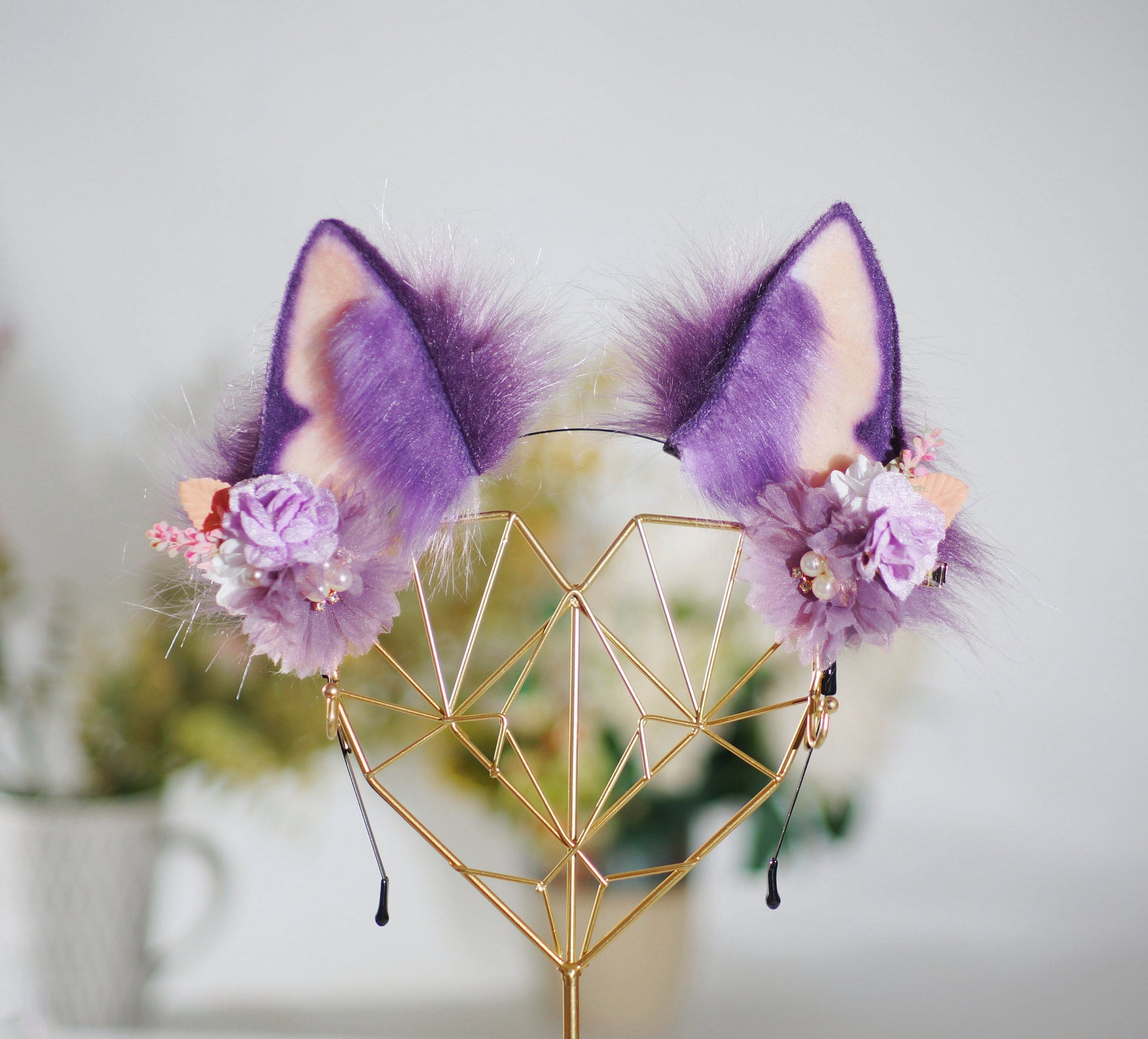 Floalral purple fox ears , purple cat, fox ears, cat ears headband,kitten ear, furry animal ears, cosplay furry headband, uploader ears