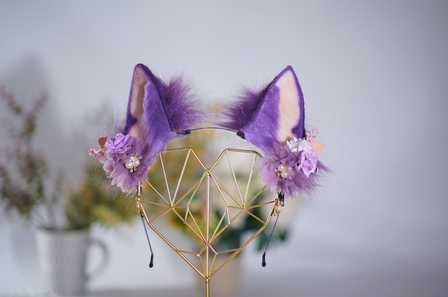 Floalral purple fox ears , purple cat, fox ears, cat ears headband,kitten ear, furry animal ears, cosplay furry headband, uploader ears