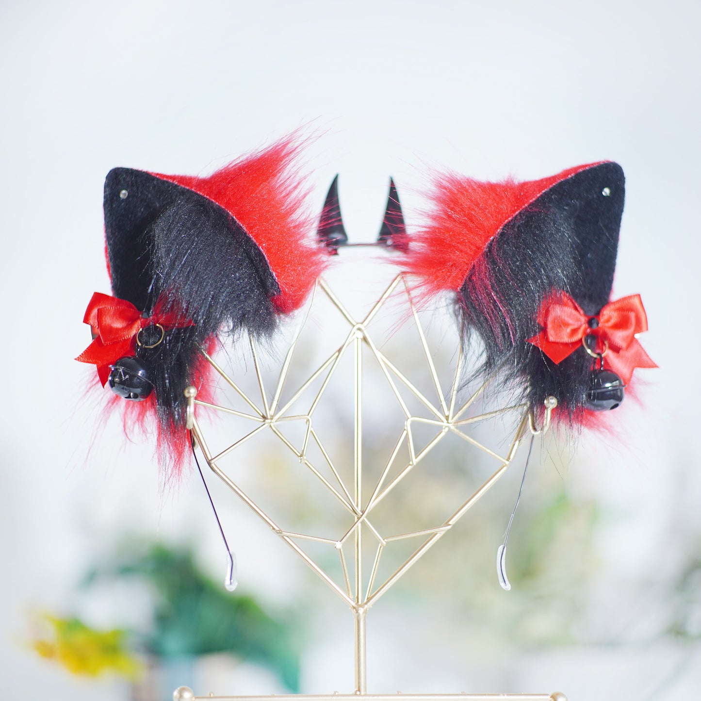 Red and black kitten ears, cat ears headband, red fox ears, fluffy ears with diamond, Cat Ears Cosplay, animal ears, costume ears