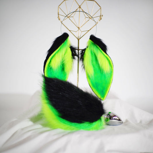 black green bunny ear, kawaii, bunny ear and tail, tail plug, furry, bunny ear headband, rabbit ear, furry ear, butt plug, cosplay, kawaii