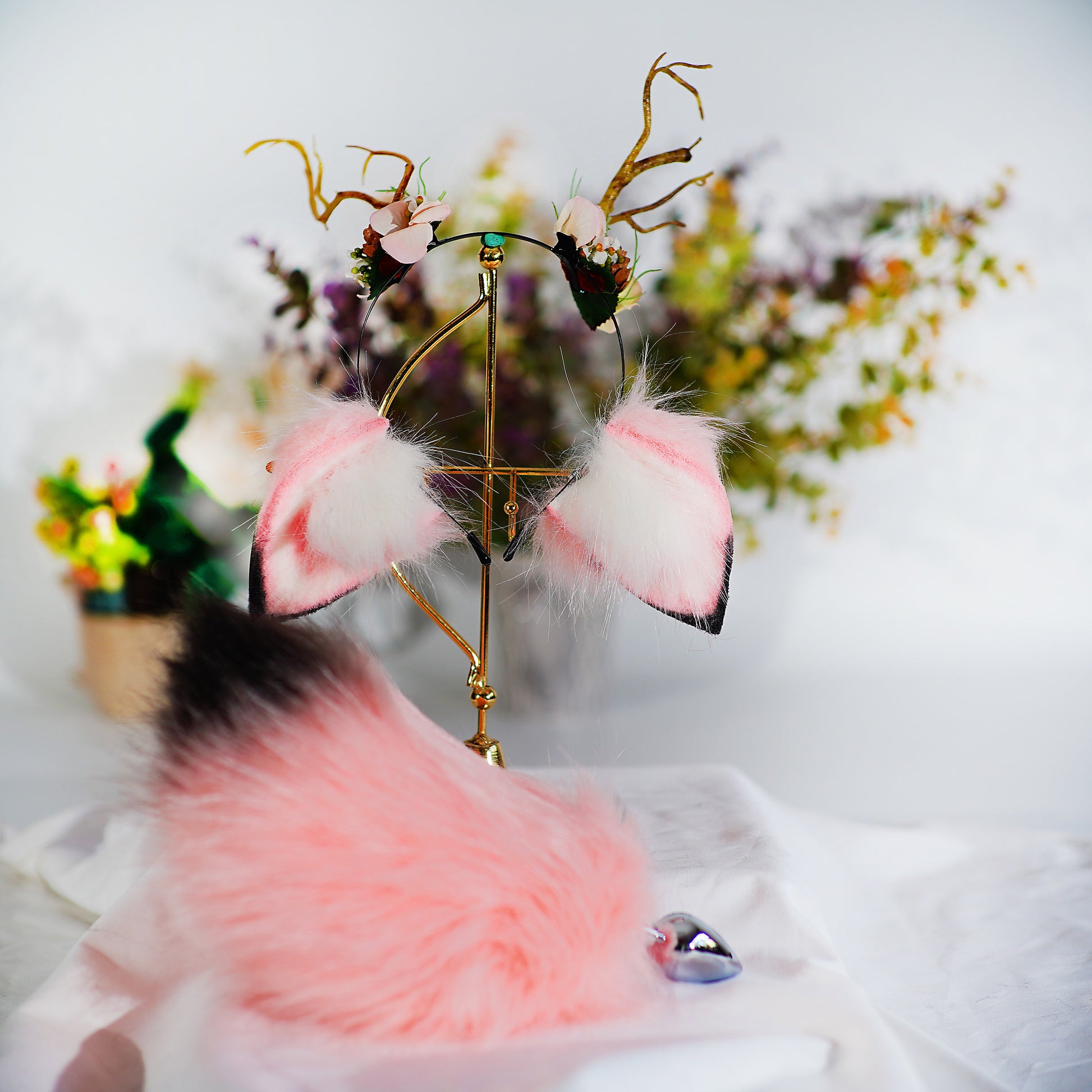 pink deer ears and tail, pink deer ears and antlers, Christmas Holiday Antler Flower Headband, Winter Whites, Pinecones, deer ears headband