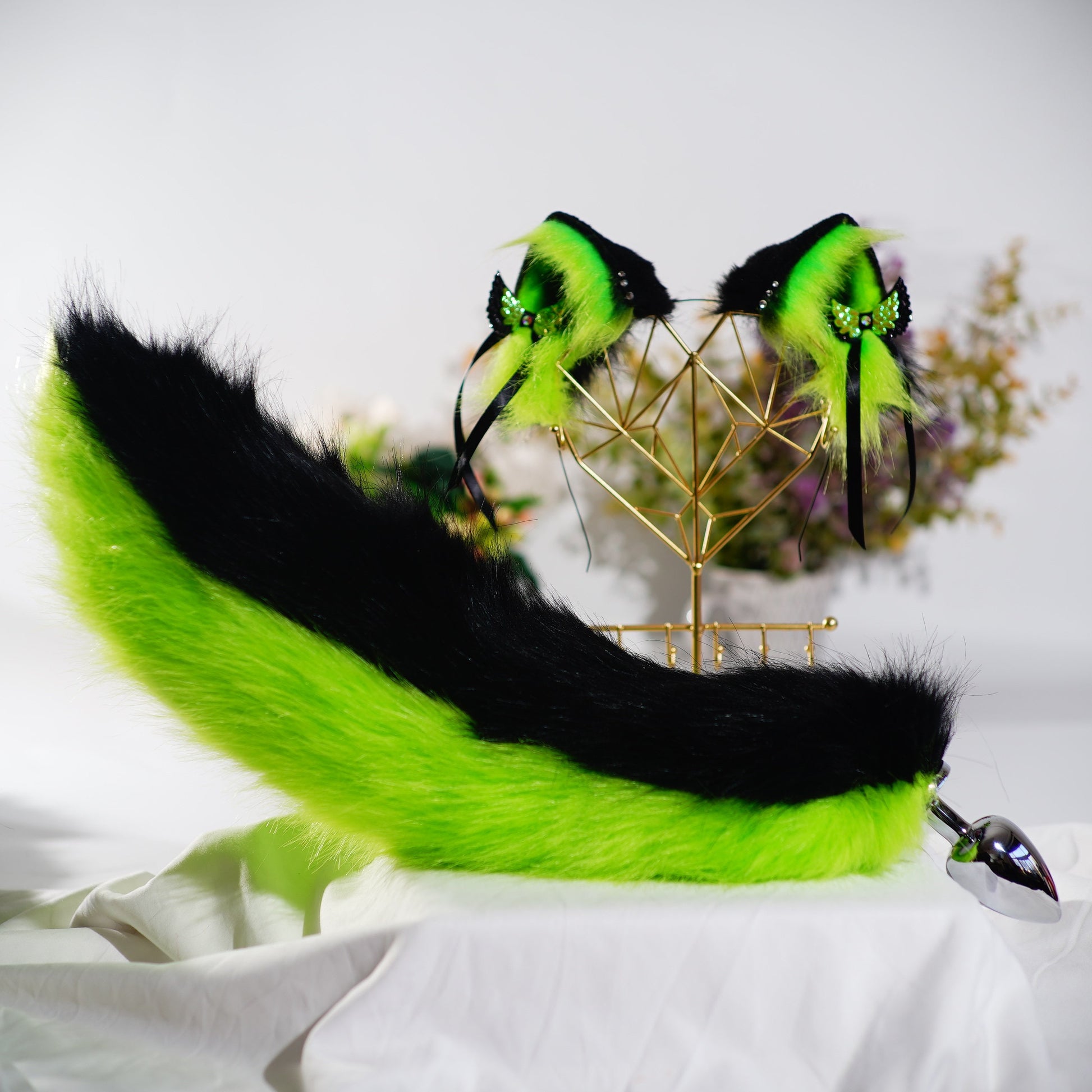 Elf Green and black Cat ears and tail, Cat ears and tail, cat tail cosplay, kitsune ears,Animal ears ,Luxury furry ears,Fox ear, Lolita