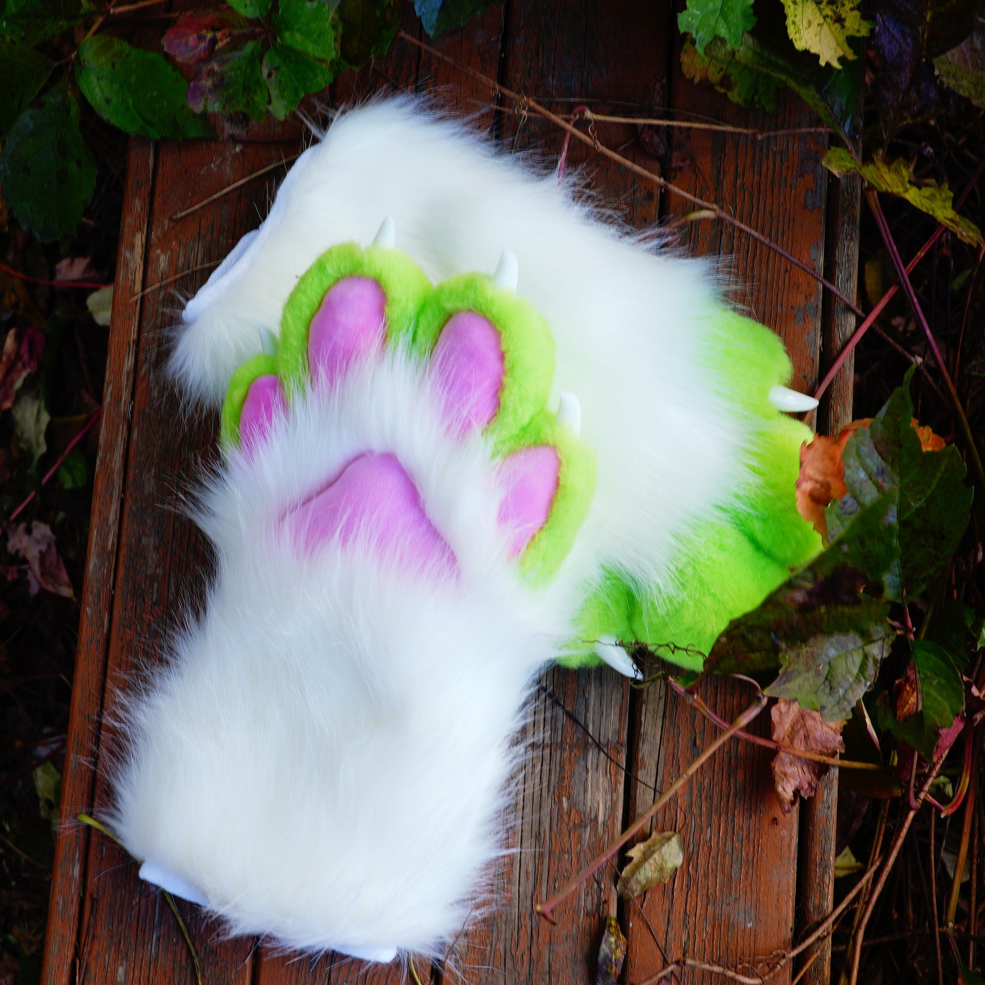 green and white fursuit paws, fursuit gloves, furry paws, Cat paws, elf paws, Realistic Faux Animal paws, cosplay furry, Halloween Costume