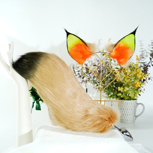 Light brown fox ears,Fruit green and orange fox ears, fox tail cosplay, kitsune ears,Animal ears,Luxury furry ears,Fox ear, Lolita, fox tail