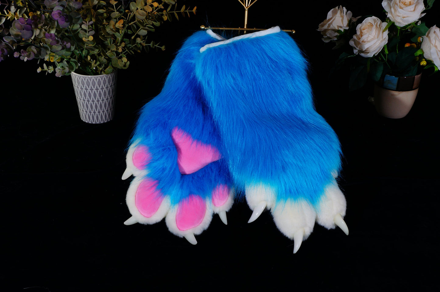 tropical blue fursuit paws, paws custom, white finger and pink pad, petplay, cat paws, furry, puppy paws, animal paws