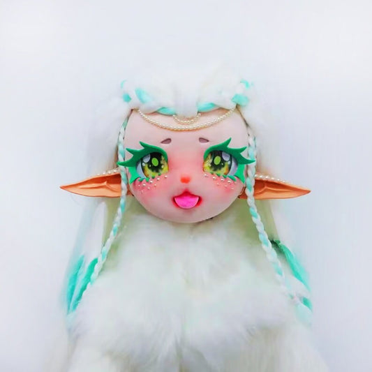 White elf kigurumi head white and light/watery green hair fursuit head kig fursuit furry art cosplay kiger mask