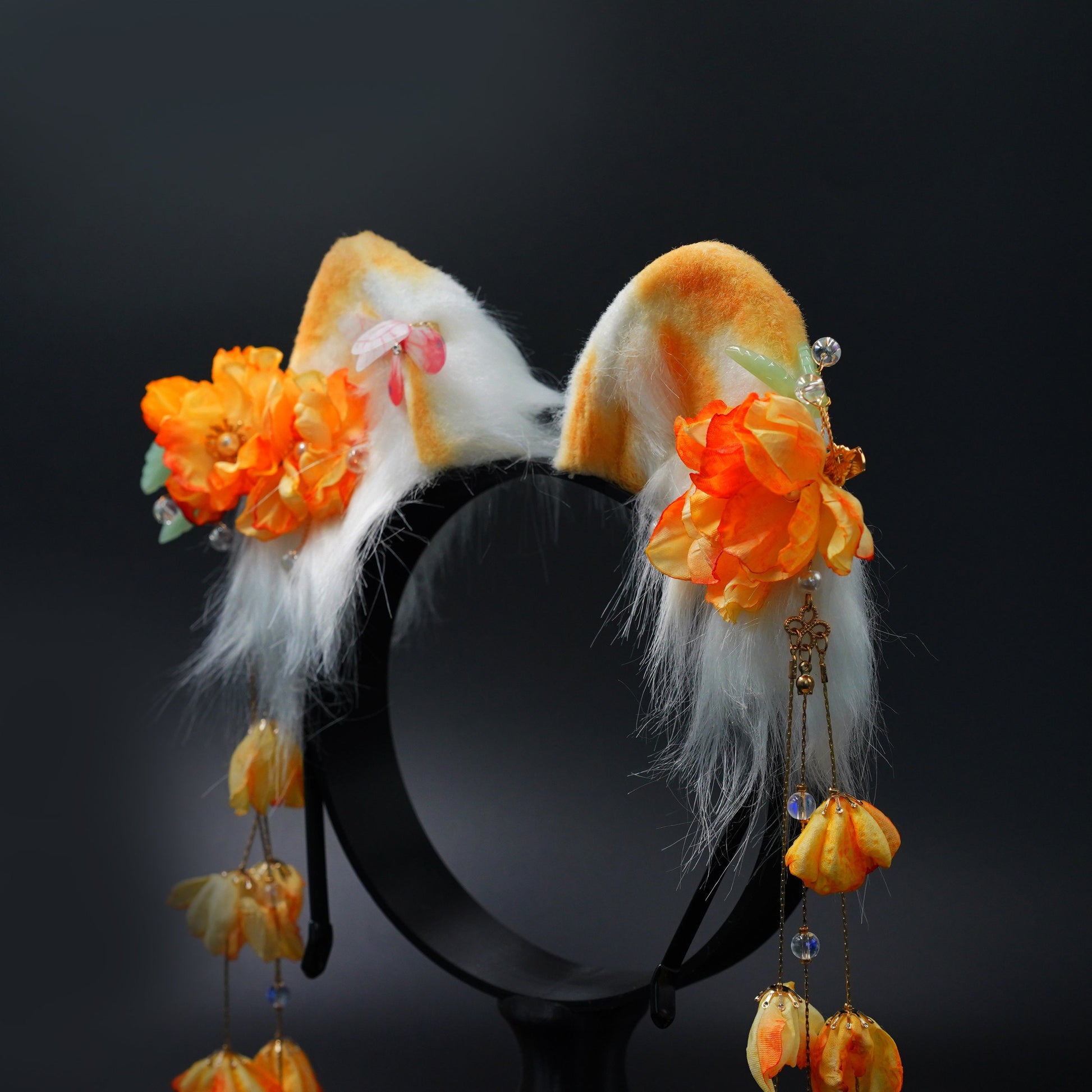 Kawaii Goth yellow Neko Ears Headband, custom cat, realistic ears, Kawaii Goth Neko Tail, pet play, Flower cat ears, bear ears, flower bear