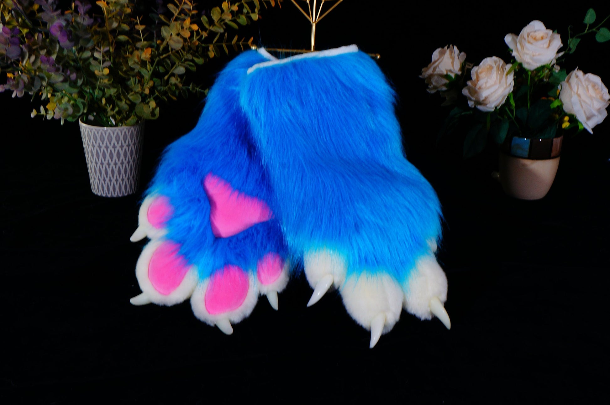 tropical blue fursuit paws, paws custom, white finger and pink pad, petplay, cat paws, furry, puppy paws, animal paws