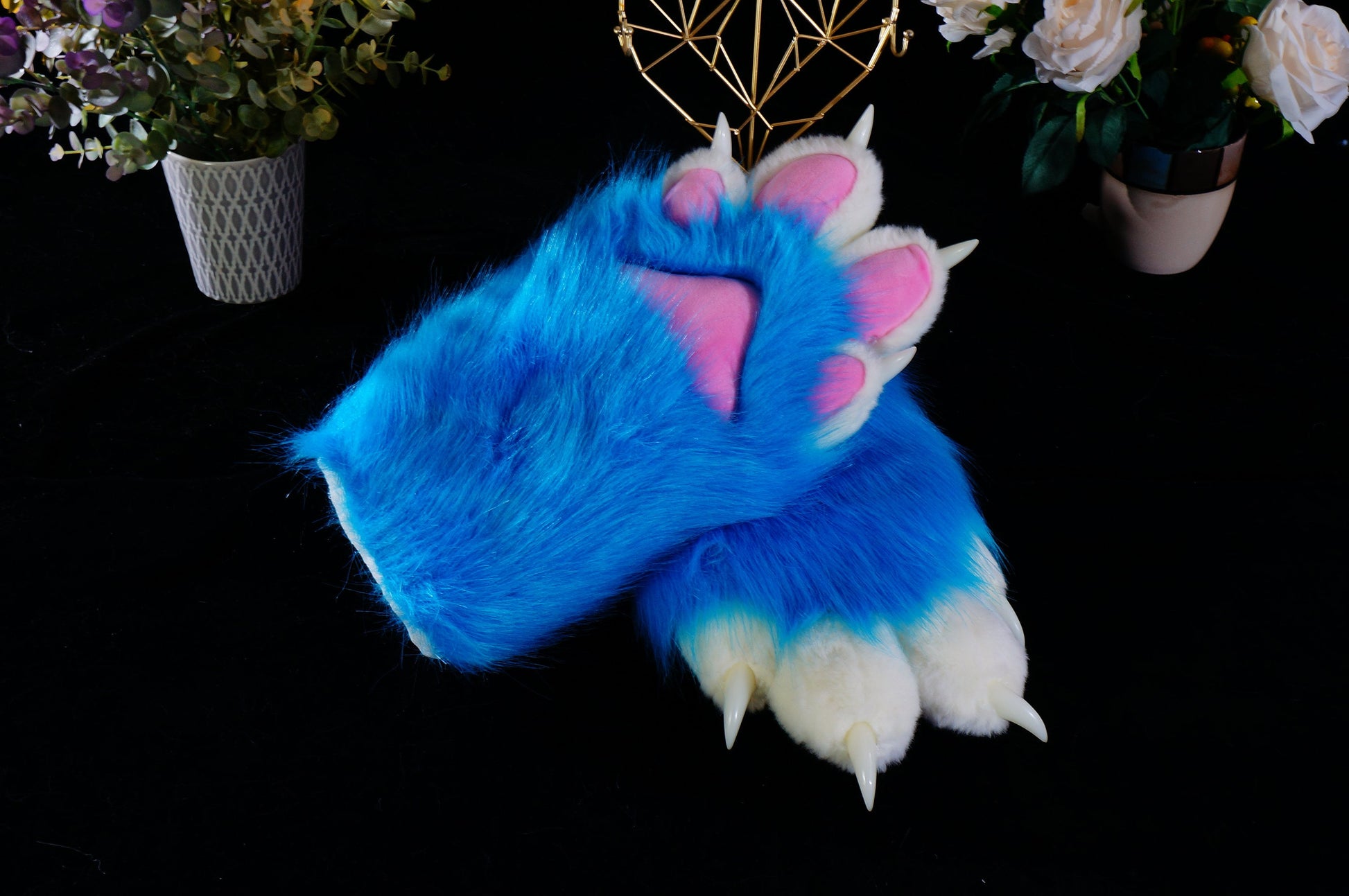 tropical blue fursuit paws, paws custom, white finger and pink pad, petplay, cat paws, furry, puppy paws, animal paws