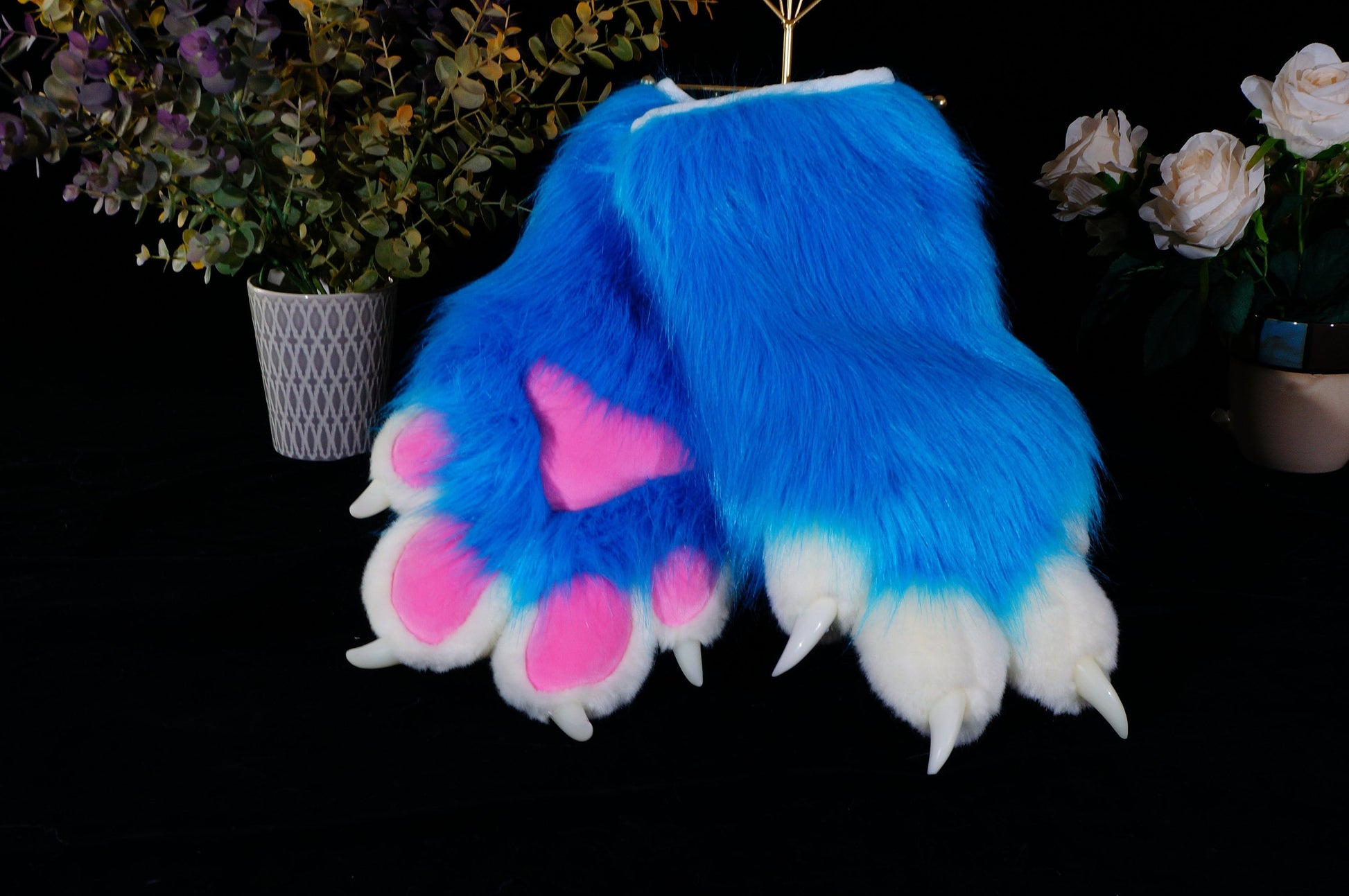 tropical blue fursuit paws, paws custom, white finger and pink pad, petplay, cat paws, furry, puppy paws, animal paws